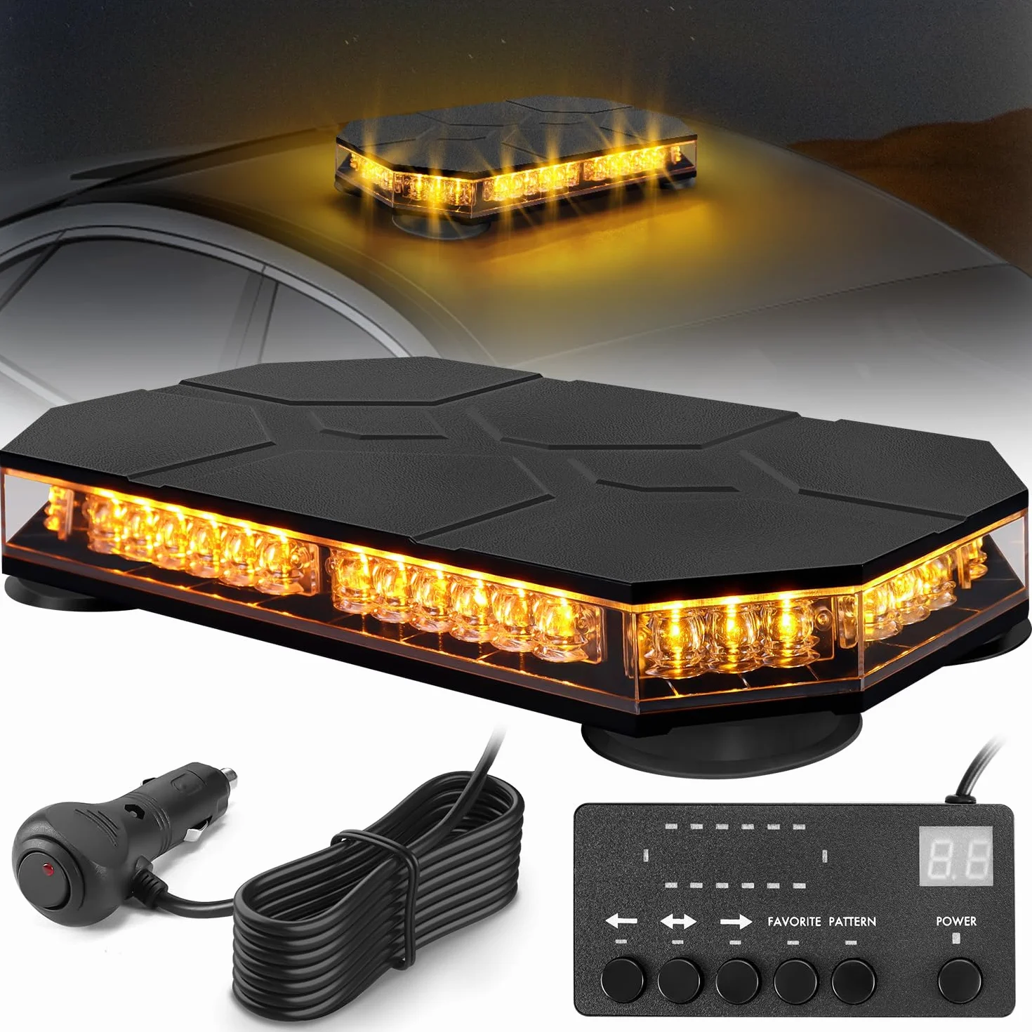 Lampeggiante Arancione a 42 LED con Magnete - Luce di Avvertimento 12V 24V, Cavo da 3,8 m, Impermeabile IP68, 38 Modalità per Camion, Attrezzature Edili, Agricoltura