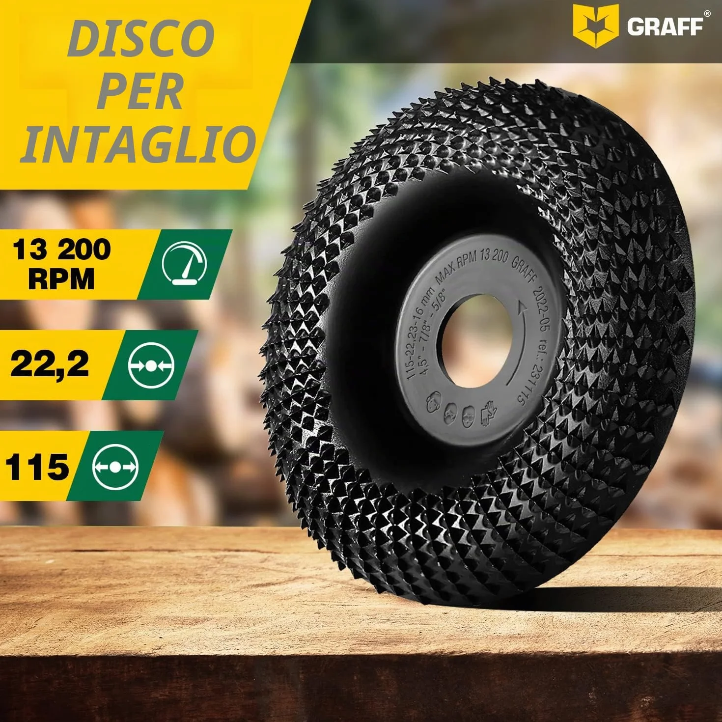 Intaglio Legno Mola Disco 115mm x 22.23mm – Disco Raspa per Intagliare e Levigatura Legno Conifere, Duro – Disco Abrasivo Lucidatura Modellatura – Mola per Smerigliatrice Angolare GRAFF