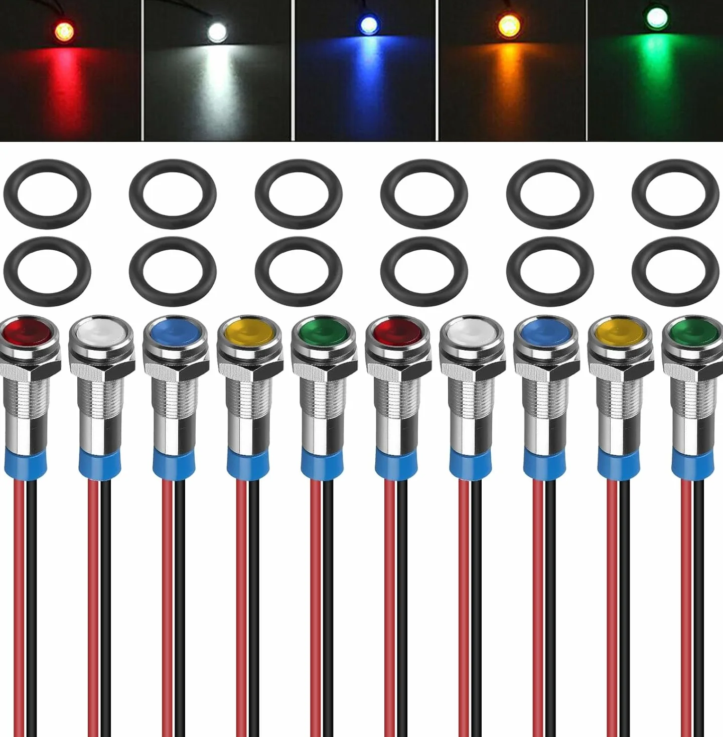 10 luci di controllo a LED da 6 mm, in metallo, 12 V, 24 V, impermeabili IP66, con cavo, per auto, barca, camion, cruscotto, set di 5 colori (rosso/verde/giallo/blu/bianco)