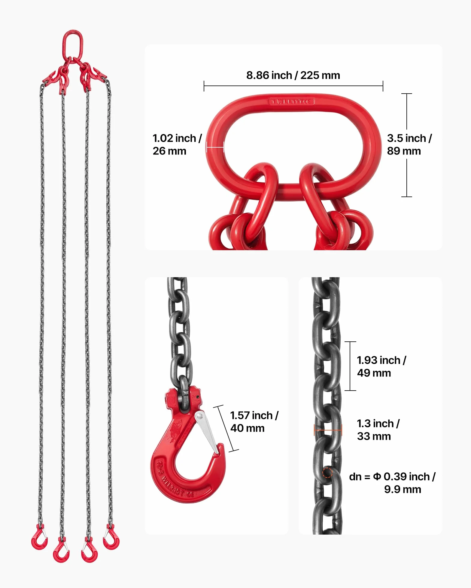 VEVOR Catene di Sollevamento con Ganci, Cinghia di Sollevamento a Catena, 10 mm x 3 m con Ganci di Presa a 4 Gambe, Catena per Gru in Lega di Acciaio G80, Capacità di 10,4 T, per Traino del Carico