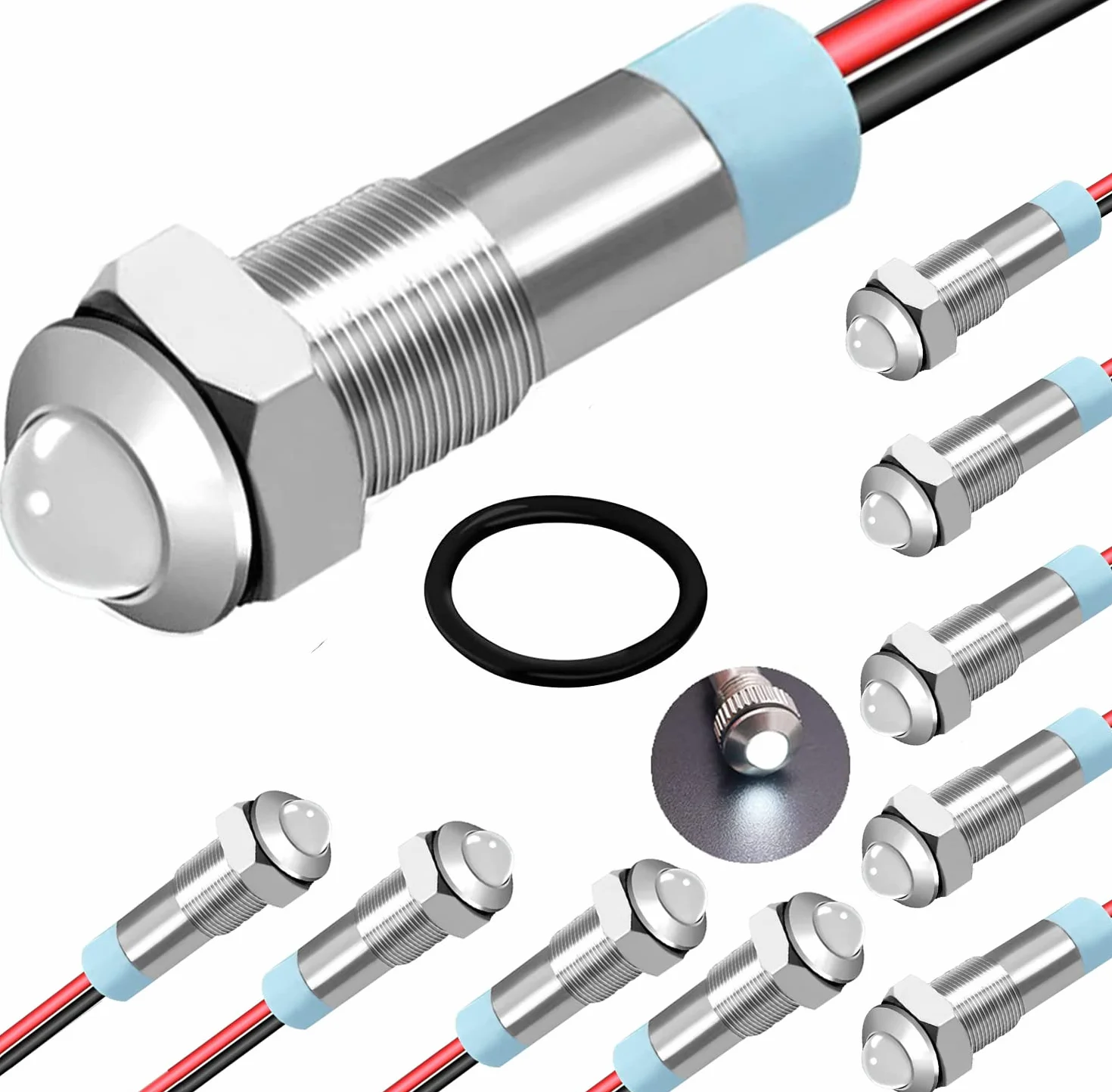 Lampada di segnalazione LED DC 12 V-24 V 6 mm 1/4" impermeabile metallo rotonda bianco 10 pezzi