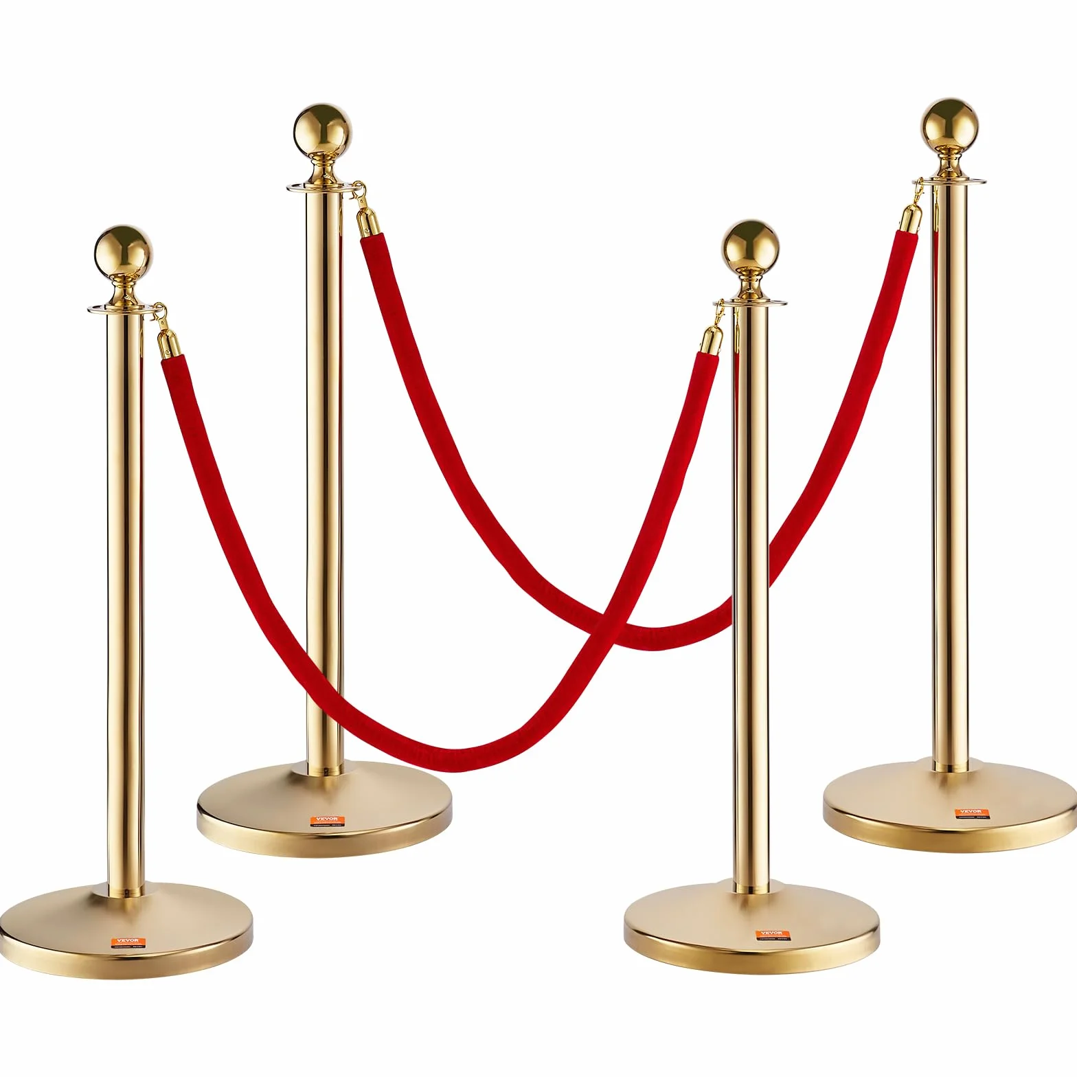 VEVOR Pali con Corda in Velluto Rosso 1,5m per Controllo della Folla, Barriere di Controllo della Folla 4 Pezzi, Pali di Acciaio Inox Base Riempibile, Divisorio della Linea Folla per Matrimonio Feste