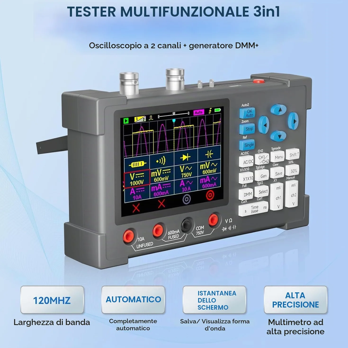 Oscilloscopio digitale 3 in 1, DSO3D12, oscilloscopio a 2 canali, multimetro e generatore di segnale, larghezza di banda 120 MHz, frequenza di campionamento 250/s, display IPS da 3,2 pollici, design