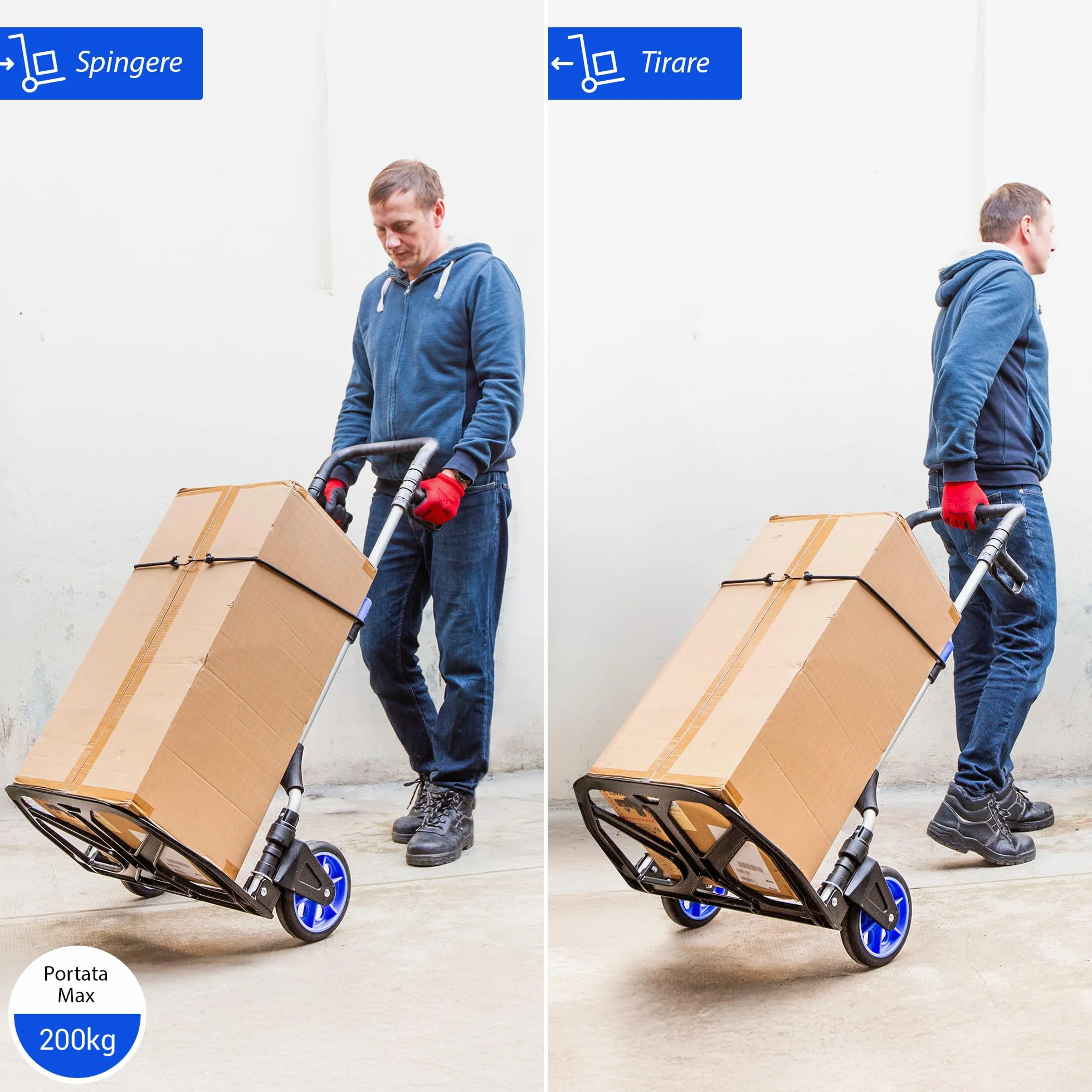HOSTRÖM Carrello a mano pieghevole in alluminio per impieghi gravosi, carrello a mano pieghevole per traslochi, trasporto materiali, ruote grandi, carico massimo 200 kg, 5 anni di garanzia.