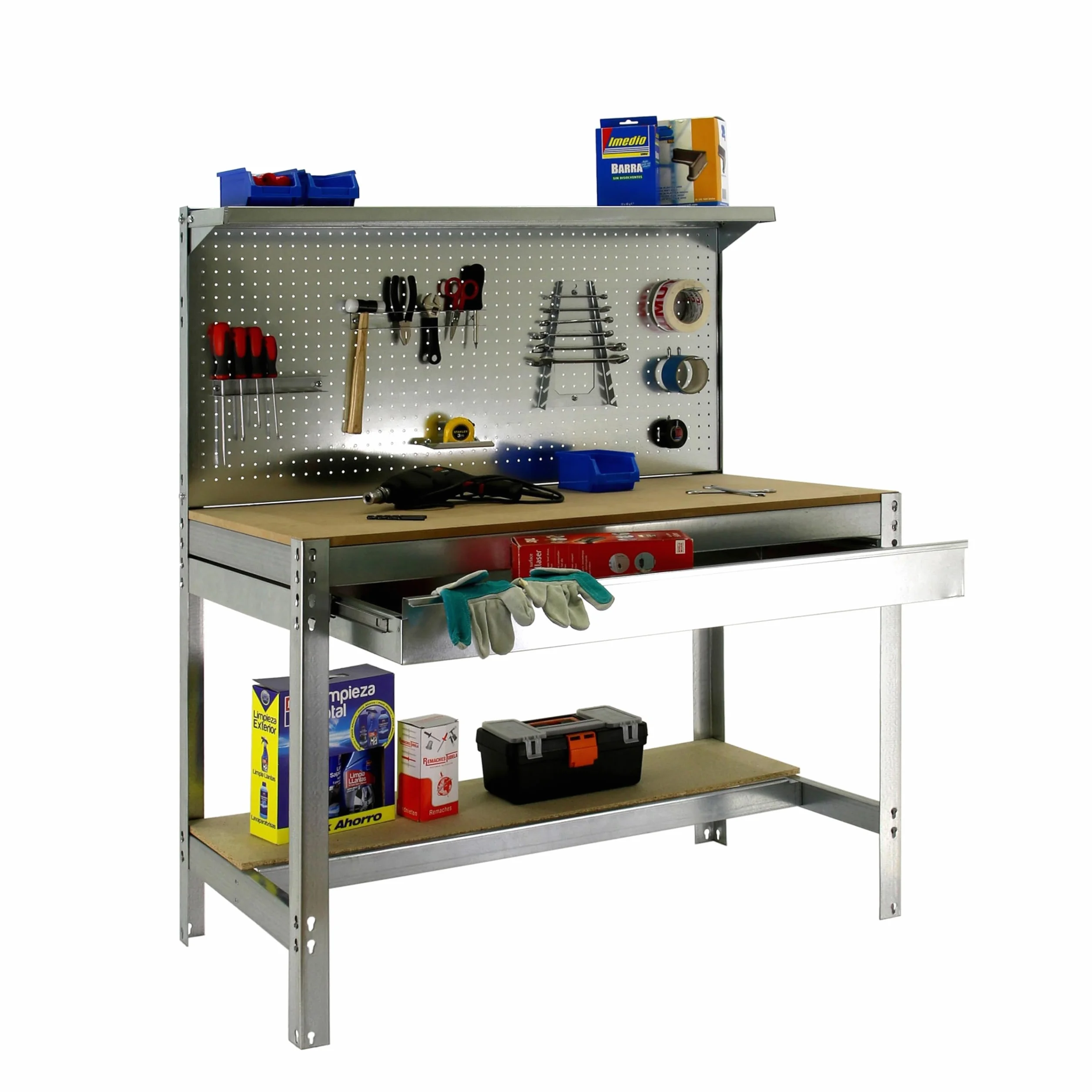 Simon Rack Banco lavoro con pannello forato e cassetto 1210x610 mm - BT3 | Pannello forato e cassetto, Piano in legno 16 mm, Portata 600 kg, Vernice anticorrosione, Montaggio sistema a clic, Zincato