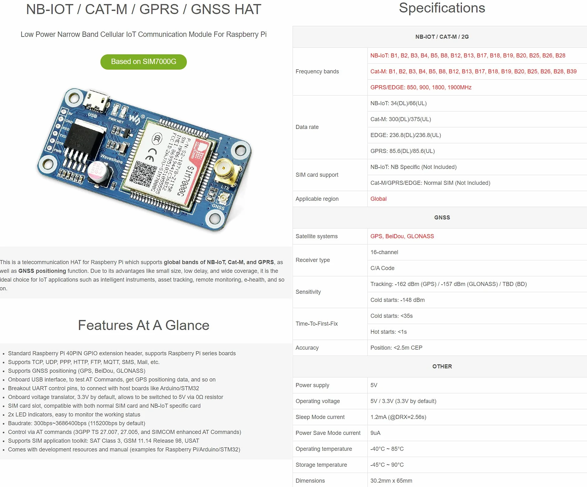 SIM7000G NB-IoT/Cat-M/EDGE/GPRS HAT For Raspberry Pi Series, Low Power Narrow Band Cellular IoT Communication Module,GNSS Positioning, Support Global Band