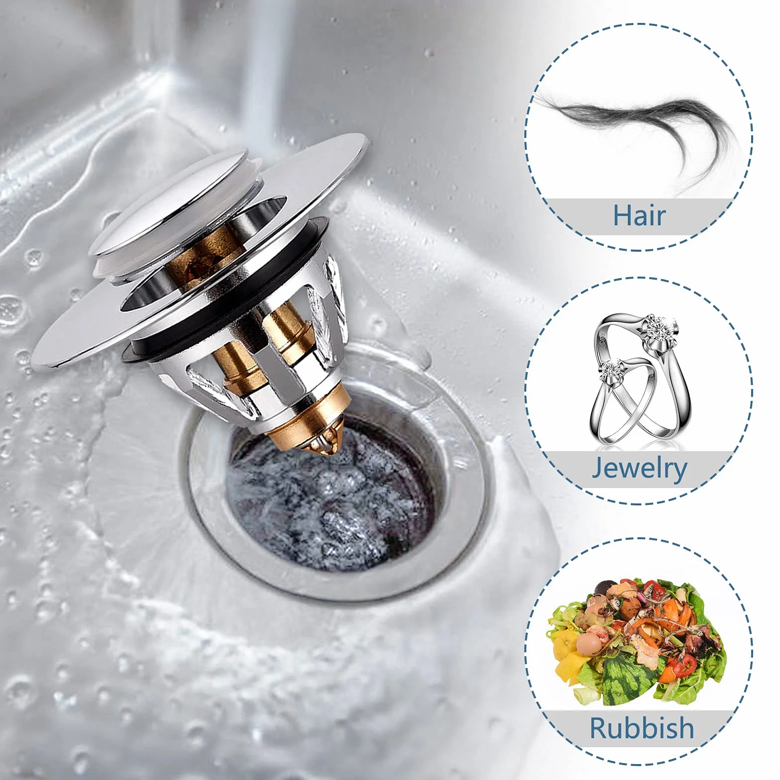 Tappo Lavandino Bagno Universale Piletta Click Clack Ottone Argento