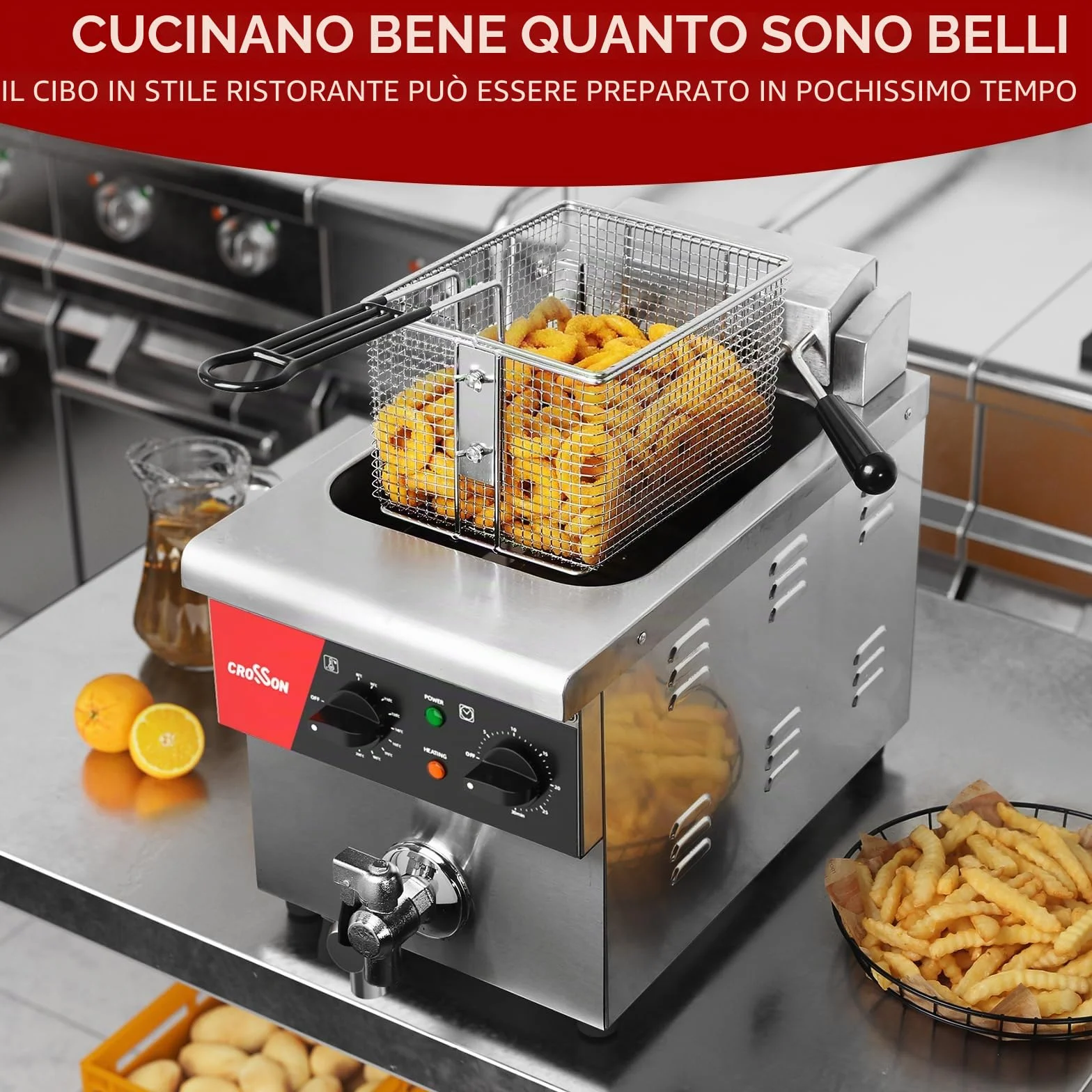 CROSSON Friggitrice Professionale 8 Litri,230V/3250W Friggitrice Elettrica ad olio Commerciale in Acciaio Inox con Rubinetto di Scarico,Controllo Temperatura 80-200°C,per Cucina Ristorante