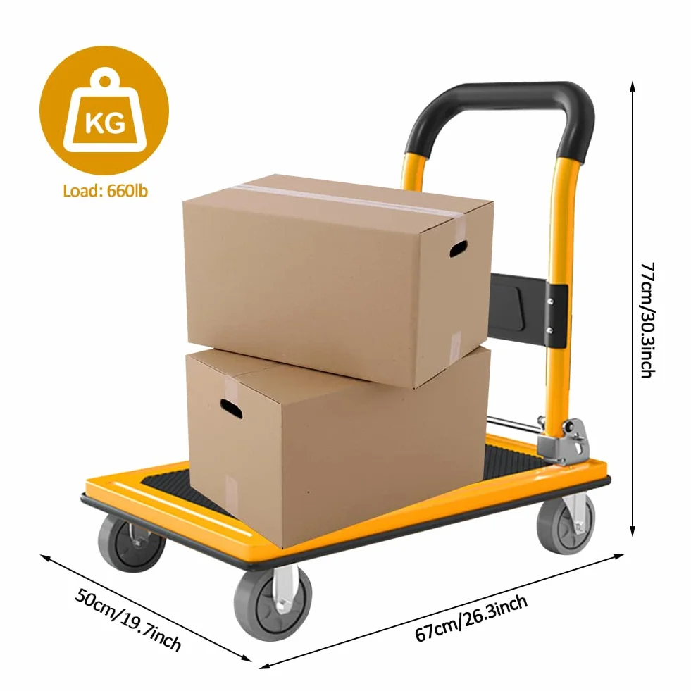 Carrello a Piattaforma Carrello Trasportatore Pieghevole Portata 300 kg 77x50cm Rivestimento Antiscivolo con 360° Ruote Silenziose (Giallo)
