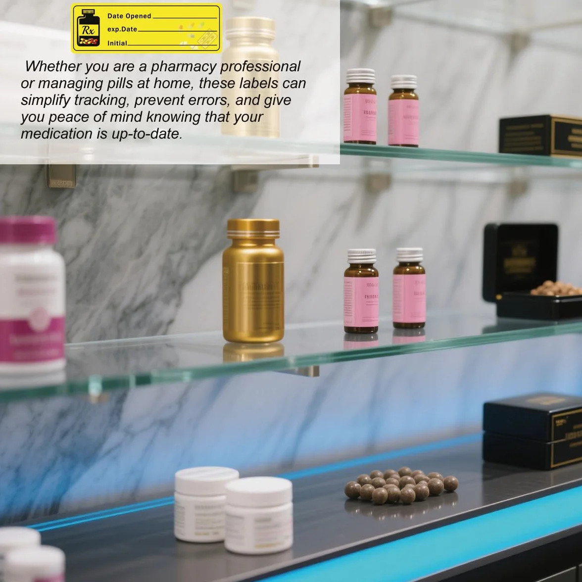 1000 adesivi con data di apertura/scadenza, 3,8 x 1,3 cm, istruzioni per farmaci, scadenza farmacia, etichetta per l'organizzazione dell'inventario delle pillole di droga