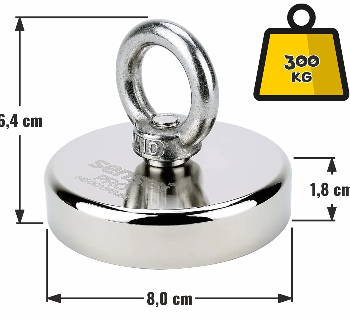 SENSEI Magnete al Neodimio 300 kg 80 mm Calamita Potente con Dado ad Occhiello per Pesca Magnetica e Sollevamento