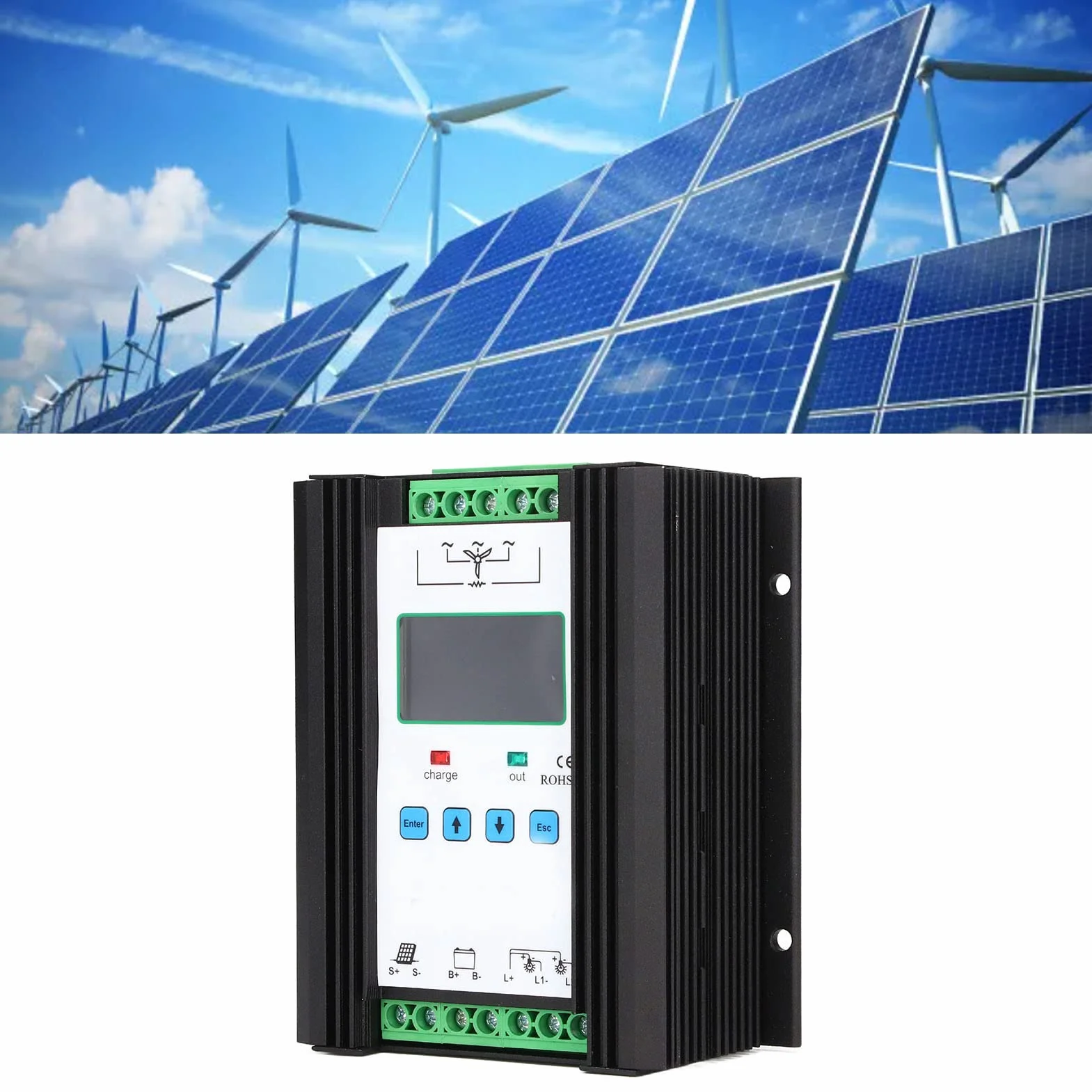 Controllo solare eolico, 1200W 12V 24V Regolatore ibrido solare eolico PWM 600W + 600W Regolatore del di pannelli solari, Controllo intelligente digitale con display LCD