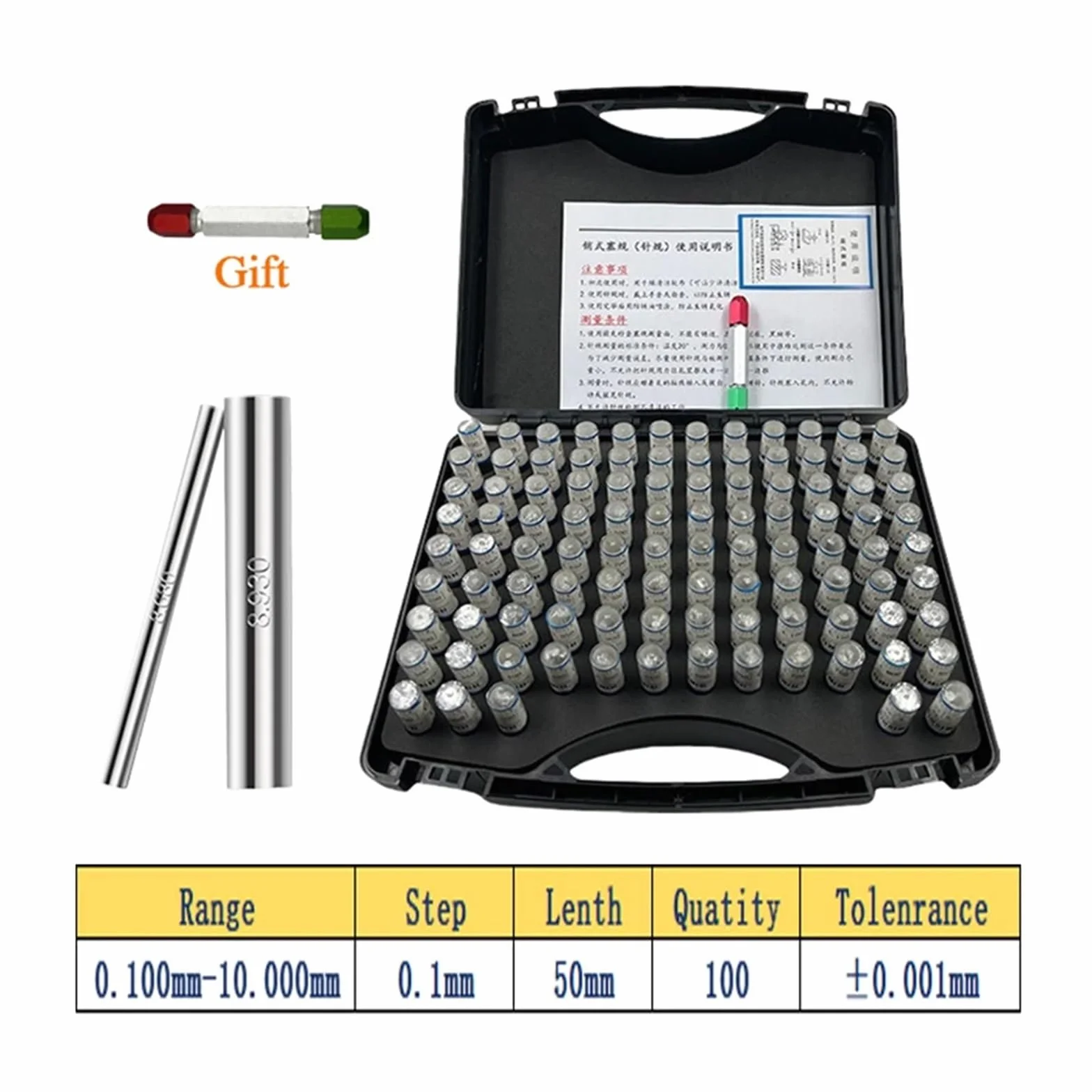Calibri a Spina Gamma 0,10-10,0 mm, 100 Pezzi, Passo 0,1 mm, Set di calibri di precisione in Acciaio, Calibro a Spina