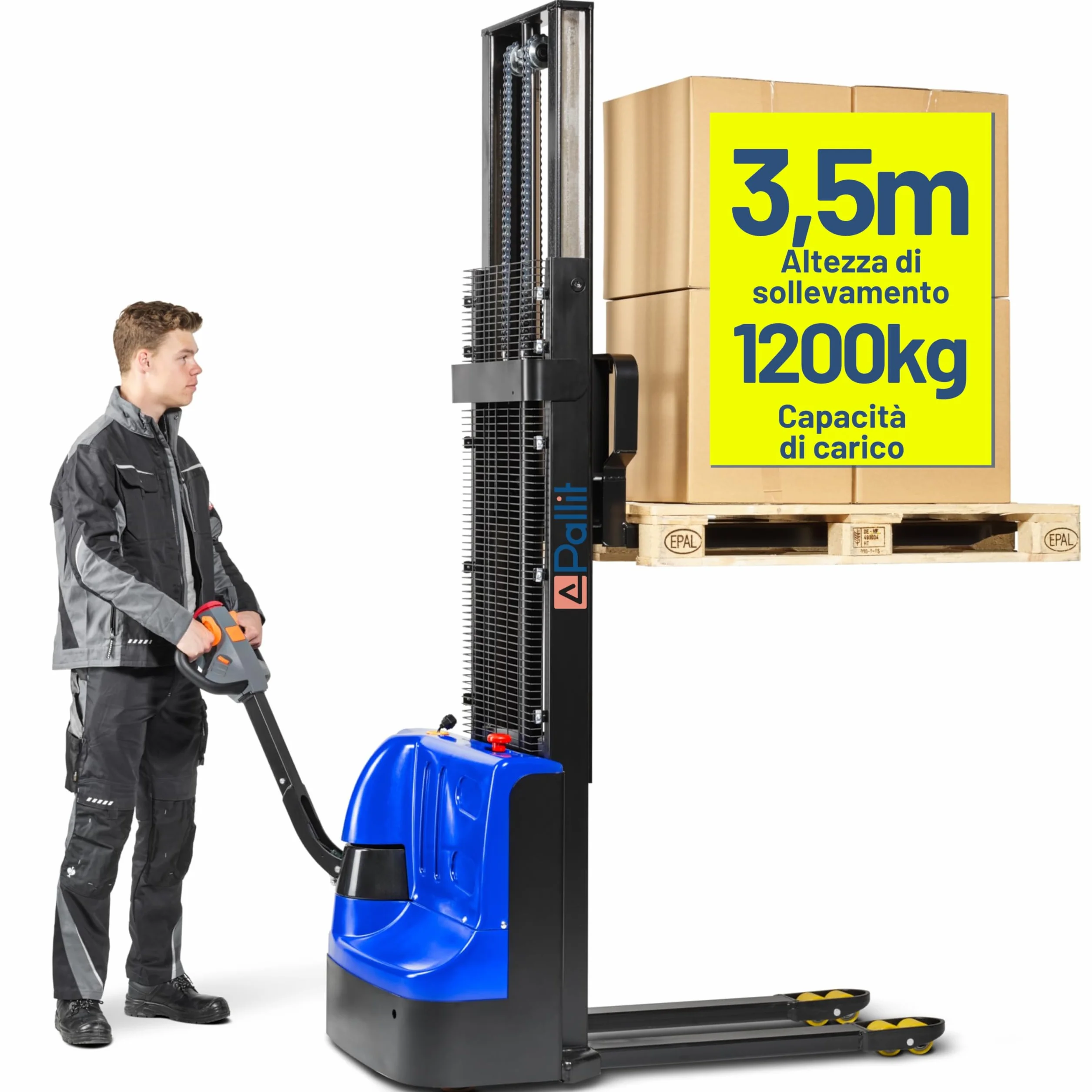 Pallit Carrello elevatore elettrico BUDGET-L | altezza di sollevamento 3500 mm | portata 1200 kg | incl. 2 batterie