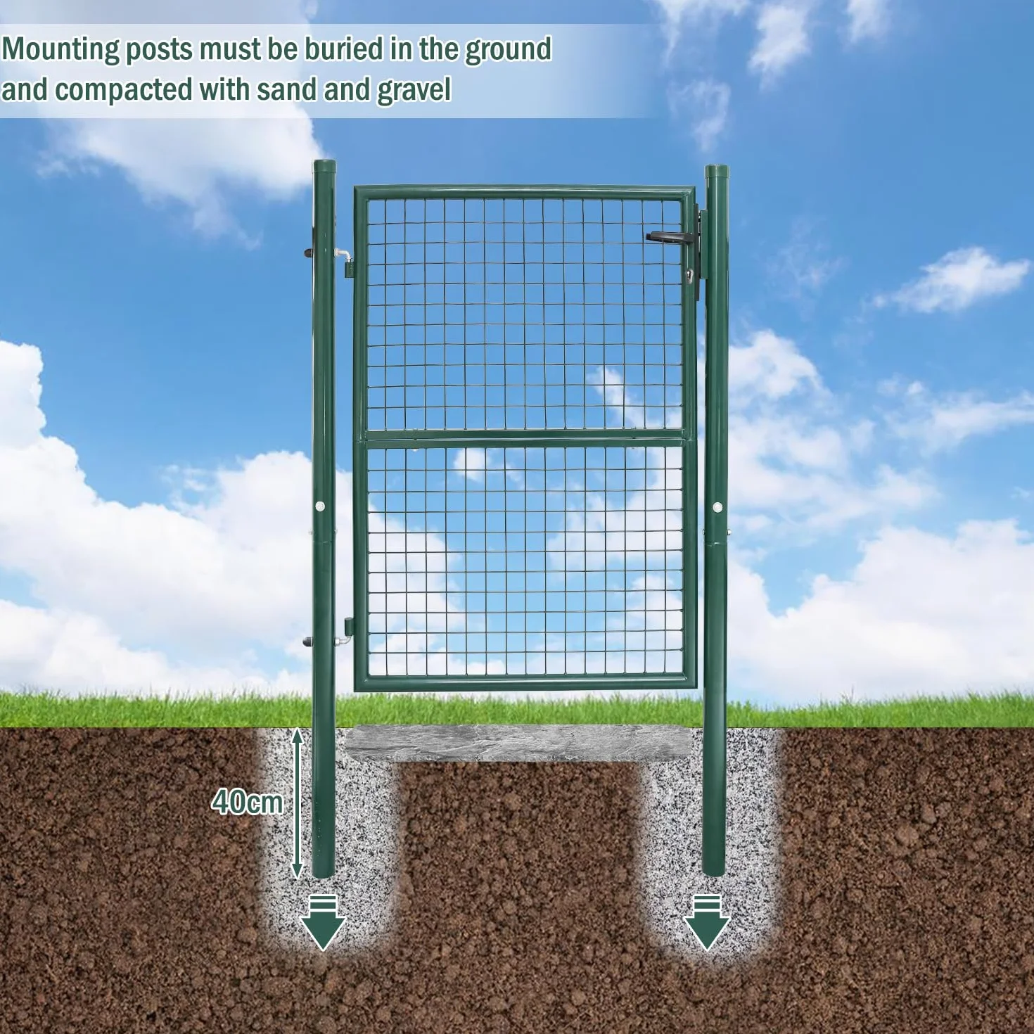 Cancello da giardino, 150 x 100 cm, in acciaio zincato, porta da giardino per recinzione, cancello da giardino, con manico in acciaio inox e 3 chiavi, colore: verde