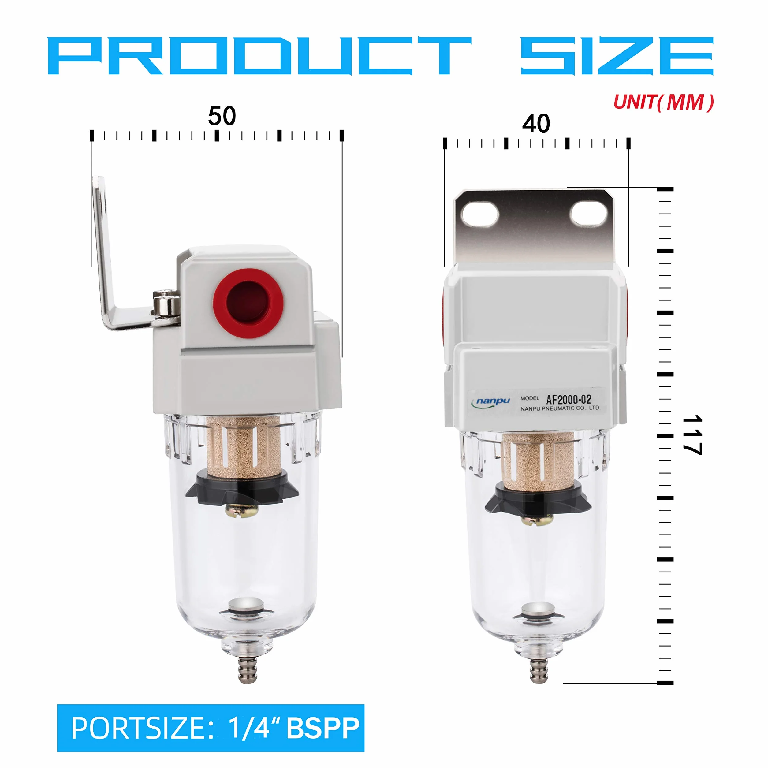 NANPU 1/4" BSPP Aria Compressa Filtro, Separatore Trappola Acqua - Tazza in Polietilene, Scarico Semiautomatico, Staffa Metallica