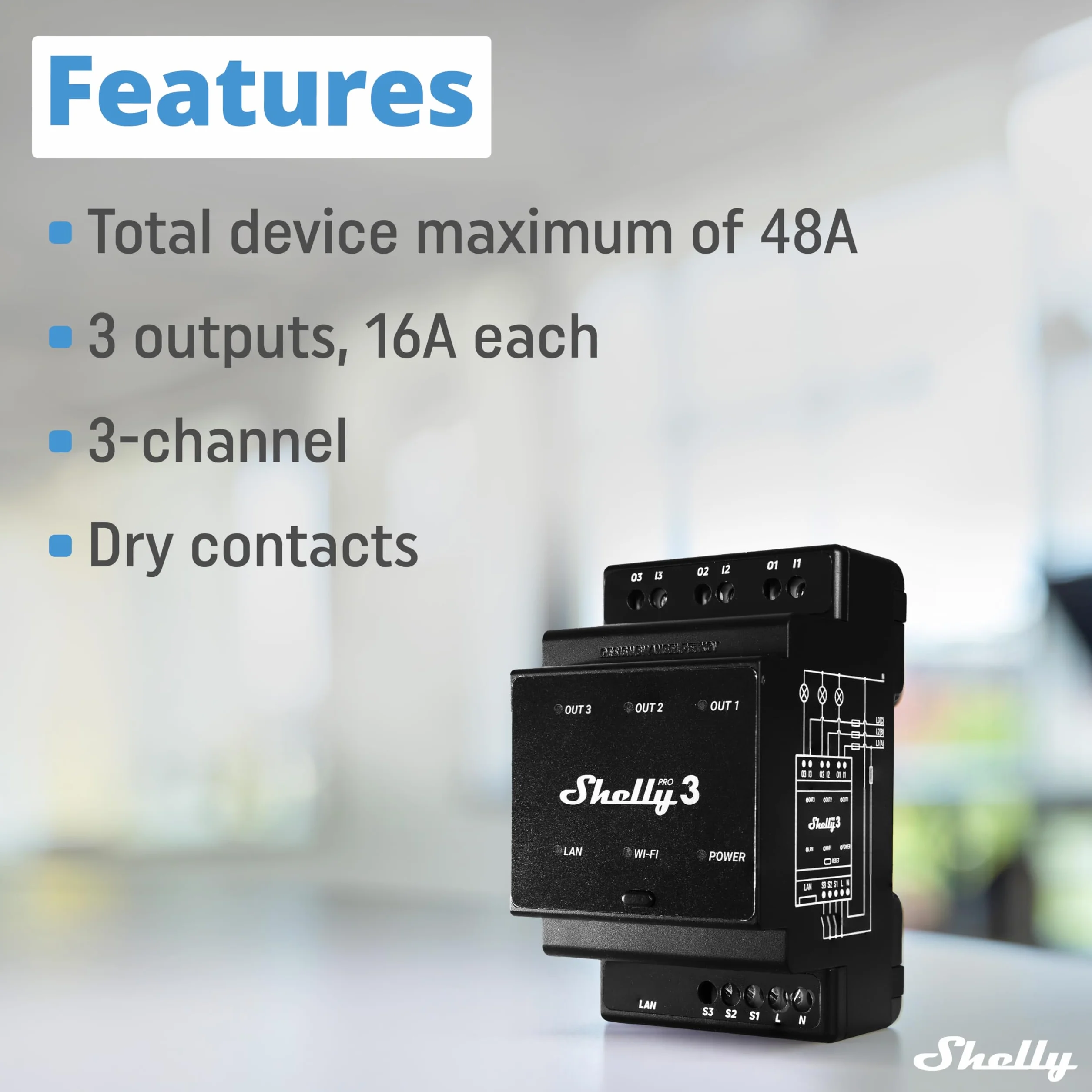 Shelly Pro 3 - Wi-Fi & LAN Smart Relè Interruttore, Mono & Trifase, 3 Canali, 16A, Contatti Puliti, Porta Garage & Cancelli, Luci & Riscaldamento Telecomando, Guida DIN, Domotica, Nessun Hub Richiesto