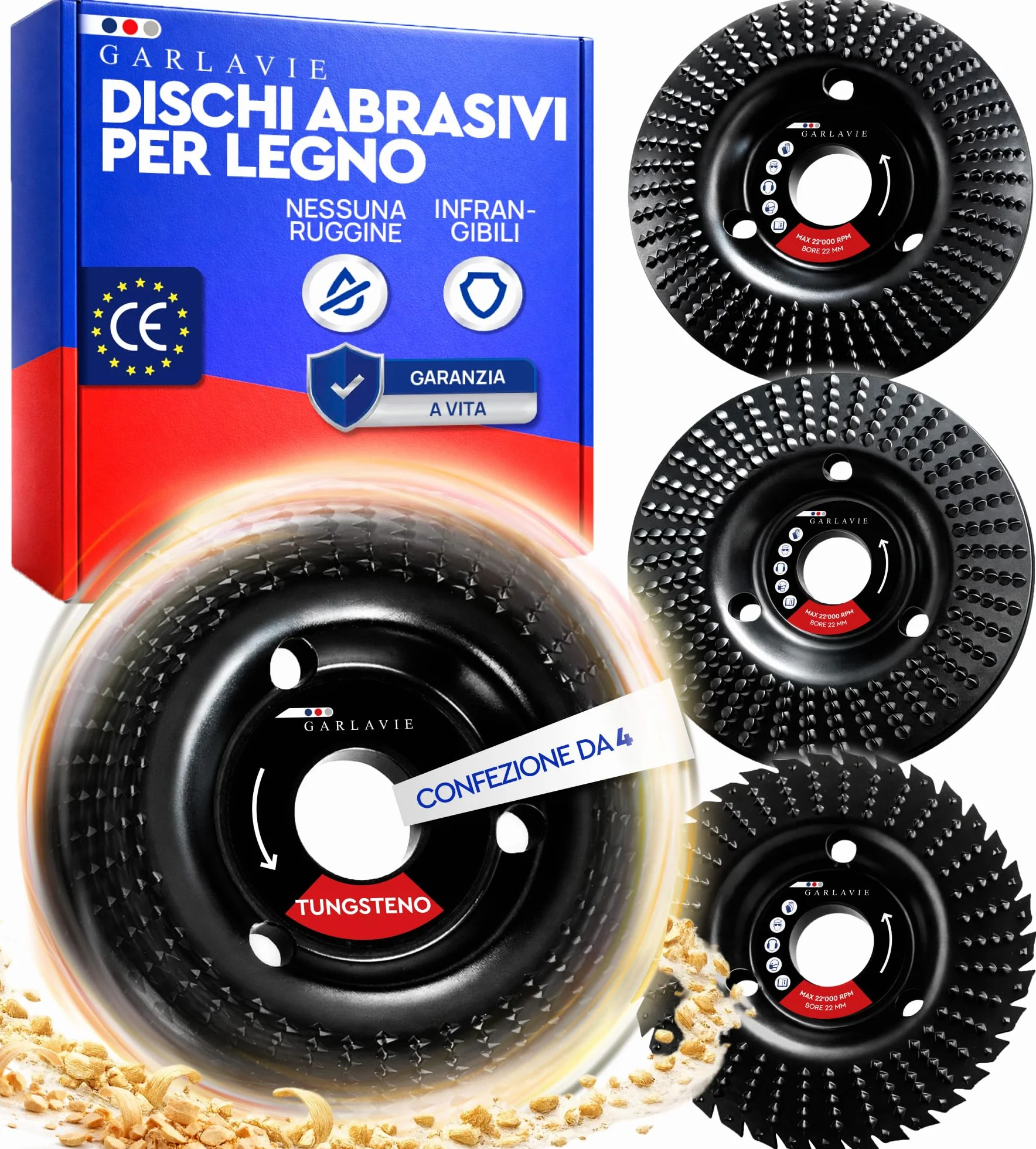 Professionale Disco Legno 115 mm per Smerigliatrice Angolare – Set 4 Pezzi con Raspa, Fresatore, Sagomatura e Fresa Radici