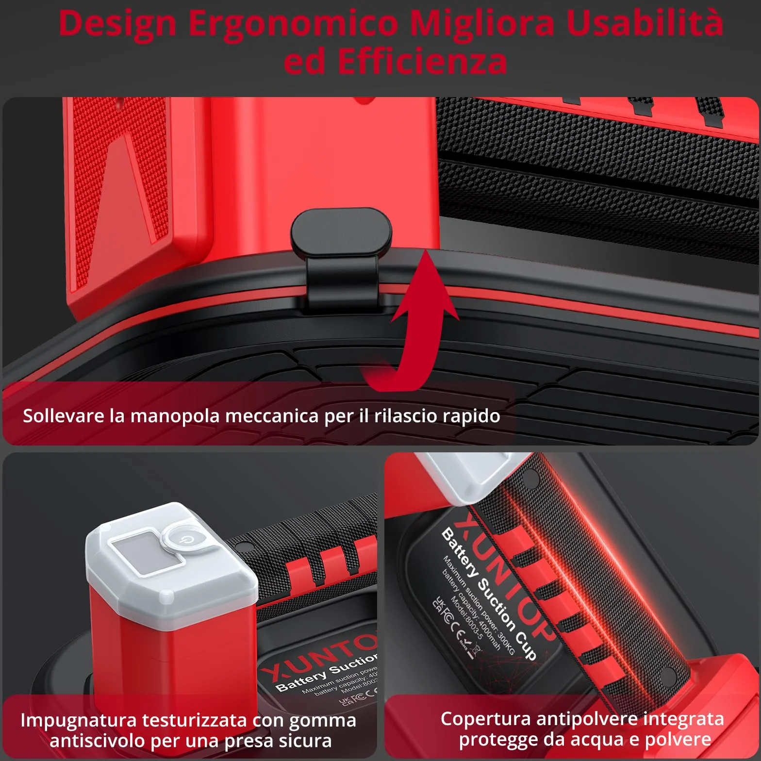 XUNTOP 10" Ventosa a Batteria Professionale 300KG a Doppio Motore 9000 Giri/min con Display LCD, Sollevatore Elettrico Aspirazione Automatica per Piastrelle e Vetro, con Extra Batteria di Ricambio