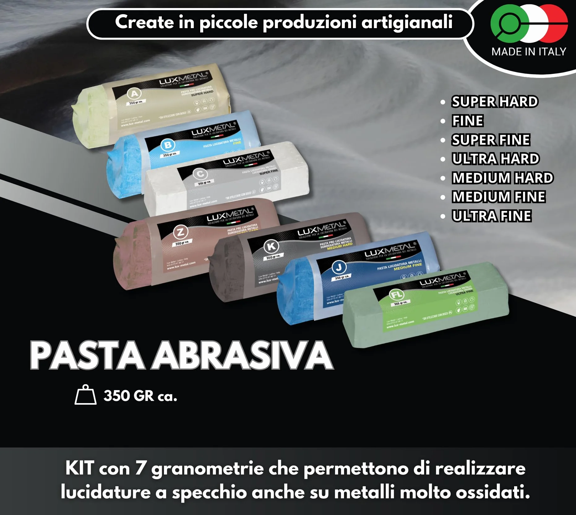 Lux Metal - Kit 7 Disco Lucidante 200 mm e 7 Pasta Abrasiva Lucidante 350 gr - Per Alluminio, Ferro, Acciaio Inox, Bronzo, Marmo - Ruota Lucidatura Metalli Mola Smerigliatrice Feltro