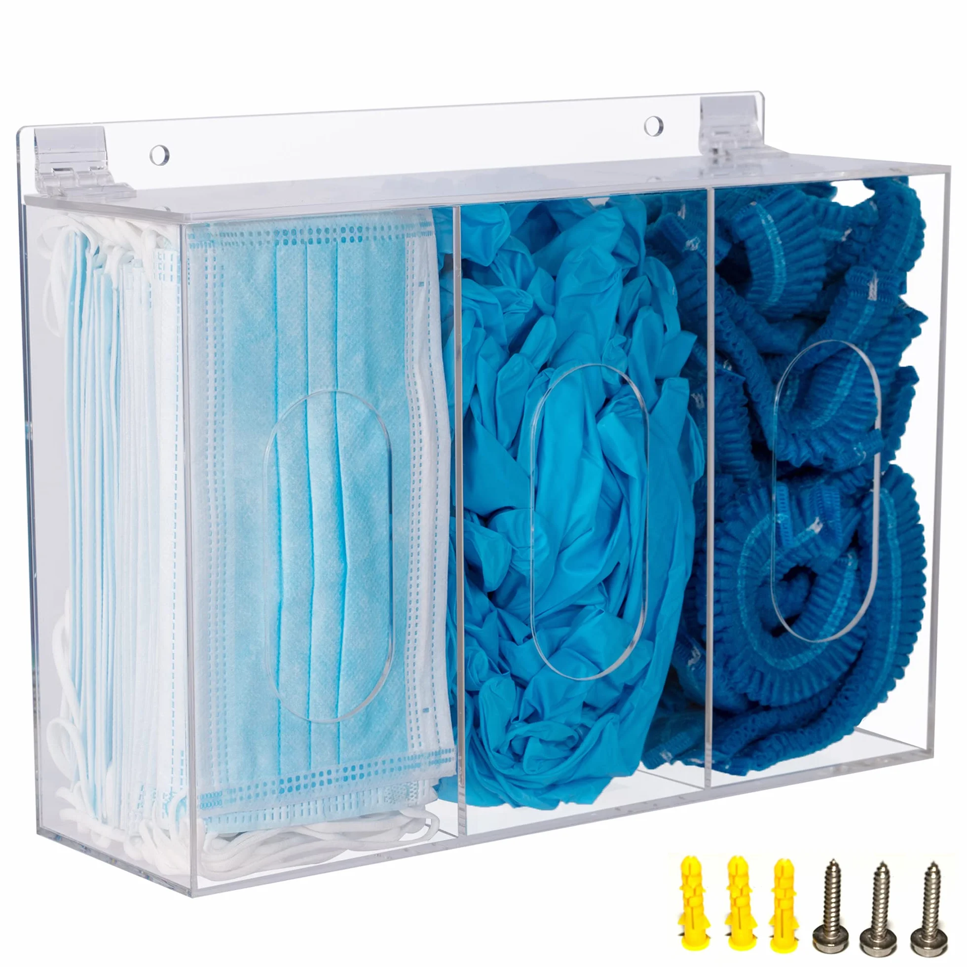 Dispenser per maschere in acrilico con 3 scomparti per porta porta capelli, con copertura per rete usa e getta, fori per montaggio a parete o supporto da tavolo (trasparente)