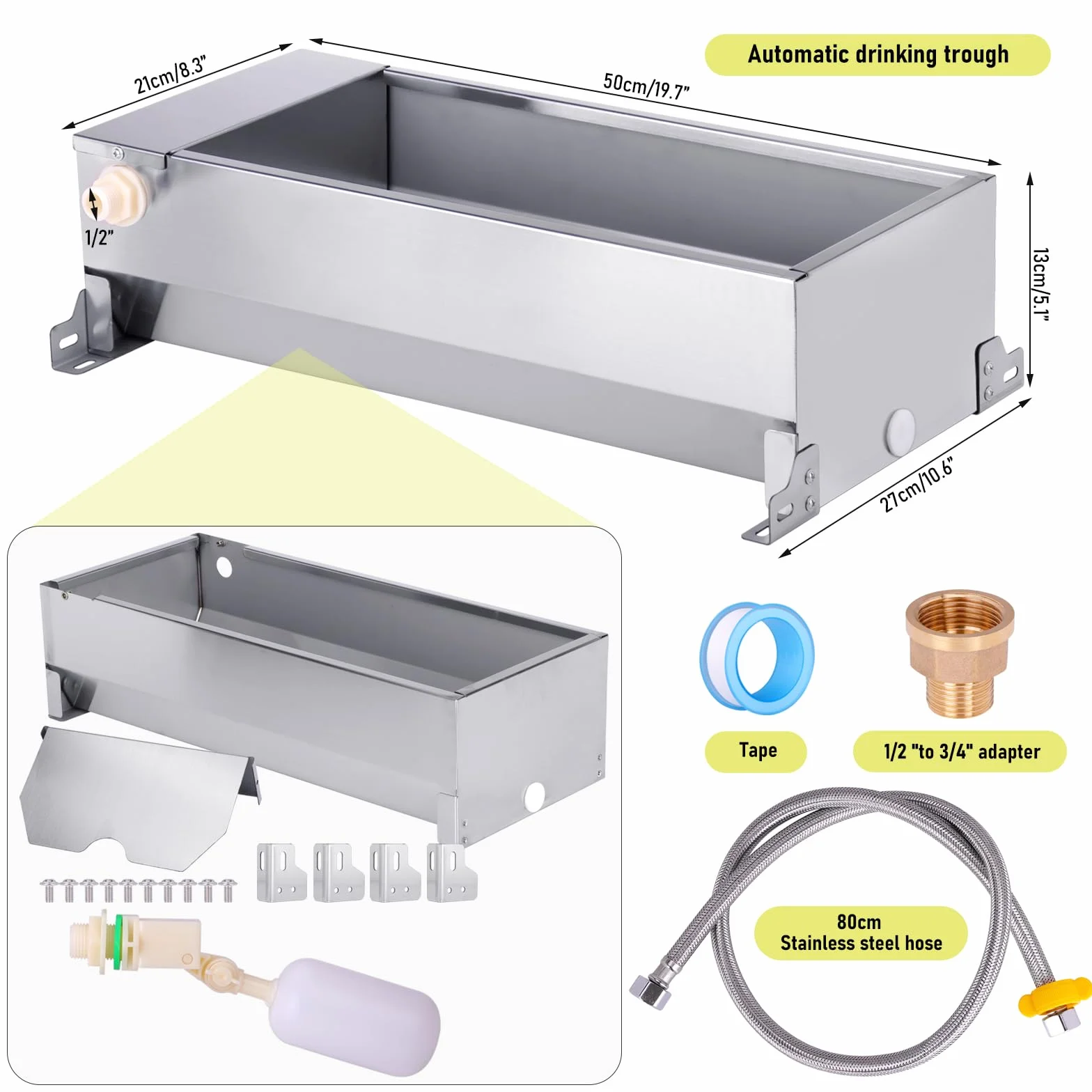 Abbeveratoio Automatico per Cani, Abbeveratoio per Cani in Acciaio Inox di Grande Capacità con Tubo Flessibile Intrecciato e Connettore, per Polli, Oche, Anatre, Ecc.