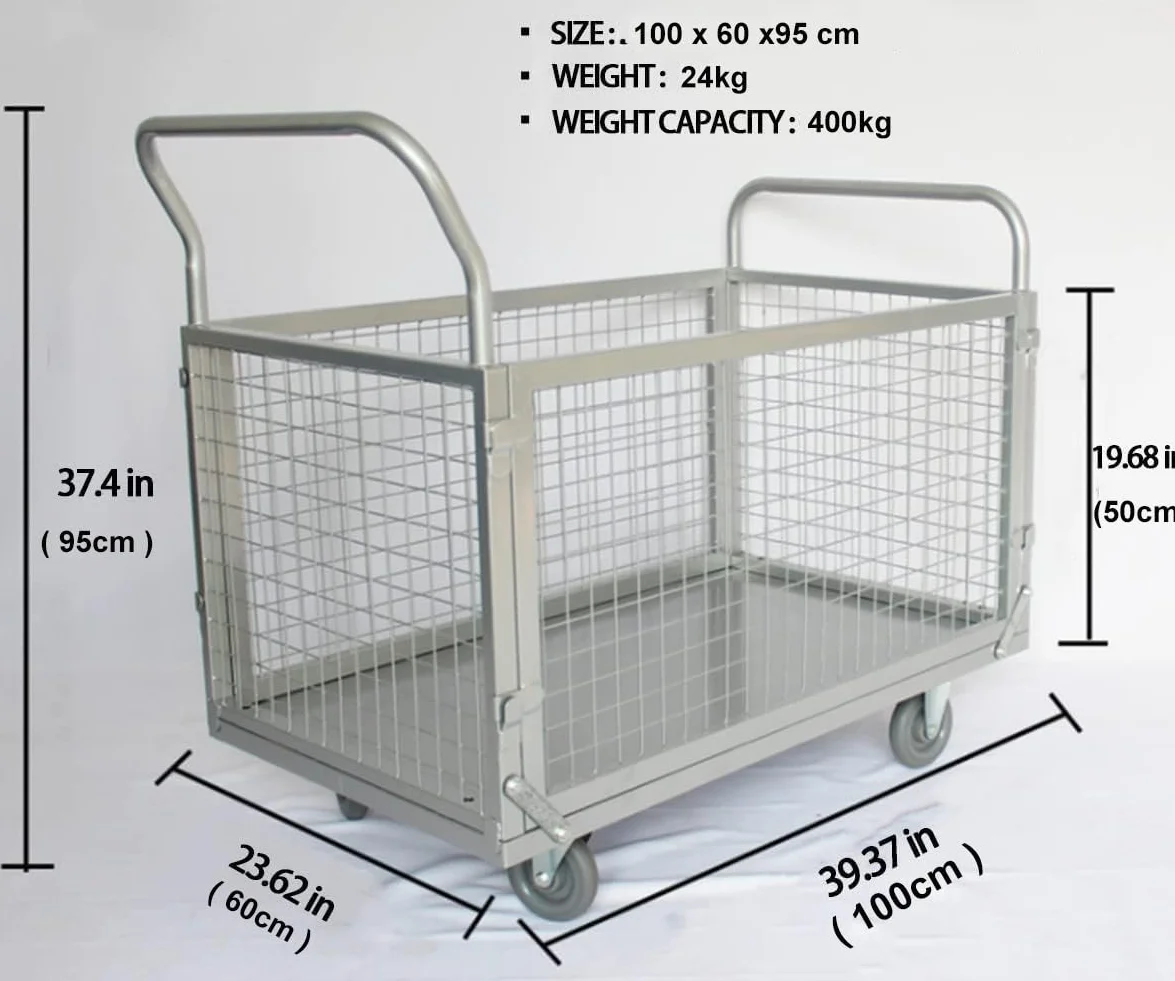 4 in 1 Carrello con Ruote Portatutto 400 kg Griglia Laterale Rimovibile Ruote Girevoli con Freno, Carrello da Trasporto Lavoro Carrelli a Piattaforma Caricatore Pieghevole Industriale