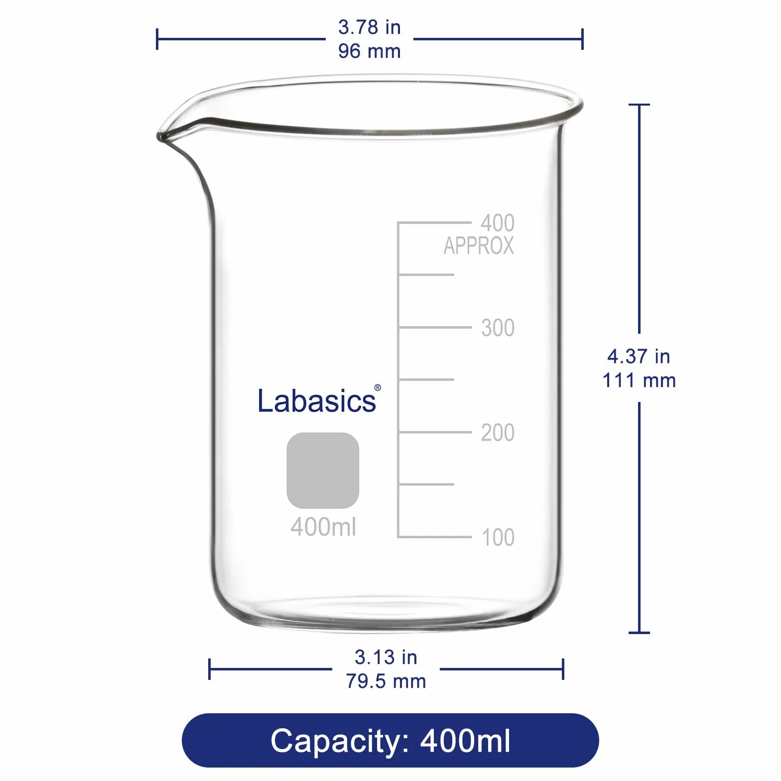 Labasics Bicchiere di Vetro, 1 Confezione, Bicchiere di Vetro Borosilicato a Forma Bassa Graduato Griffin con Beccuccio Versatore, 400 ml, Resistenza ad Alta Temperatura, Uso in Laboratorio