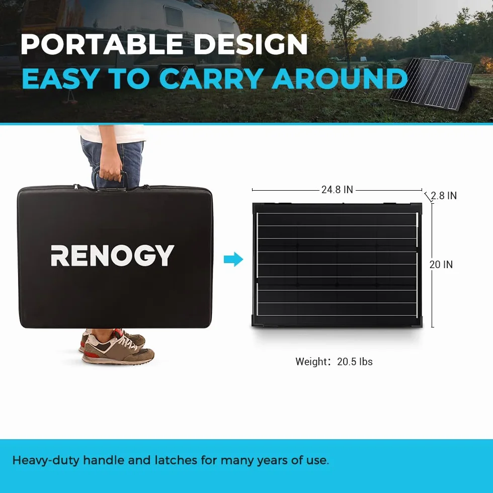 Renogy Pannello portatile da 100 Watt, 12 Volt, con caricatore impermeabile da 20 A, pieghevole, valigia solare da 100 W con cavalletto regolabile per centrale elettrica, pannello-20A, nero