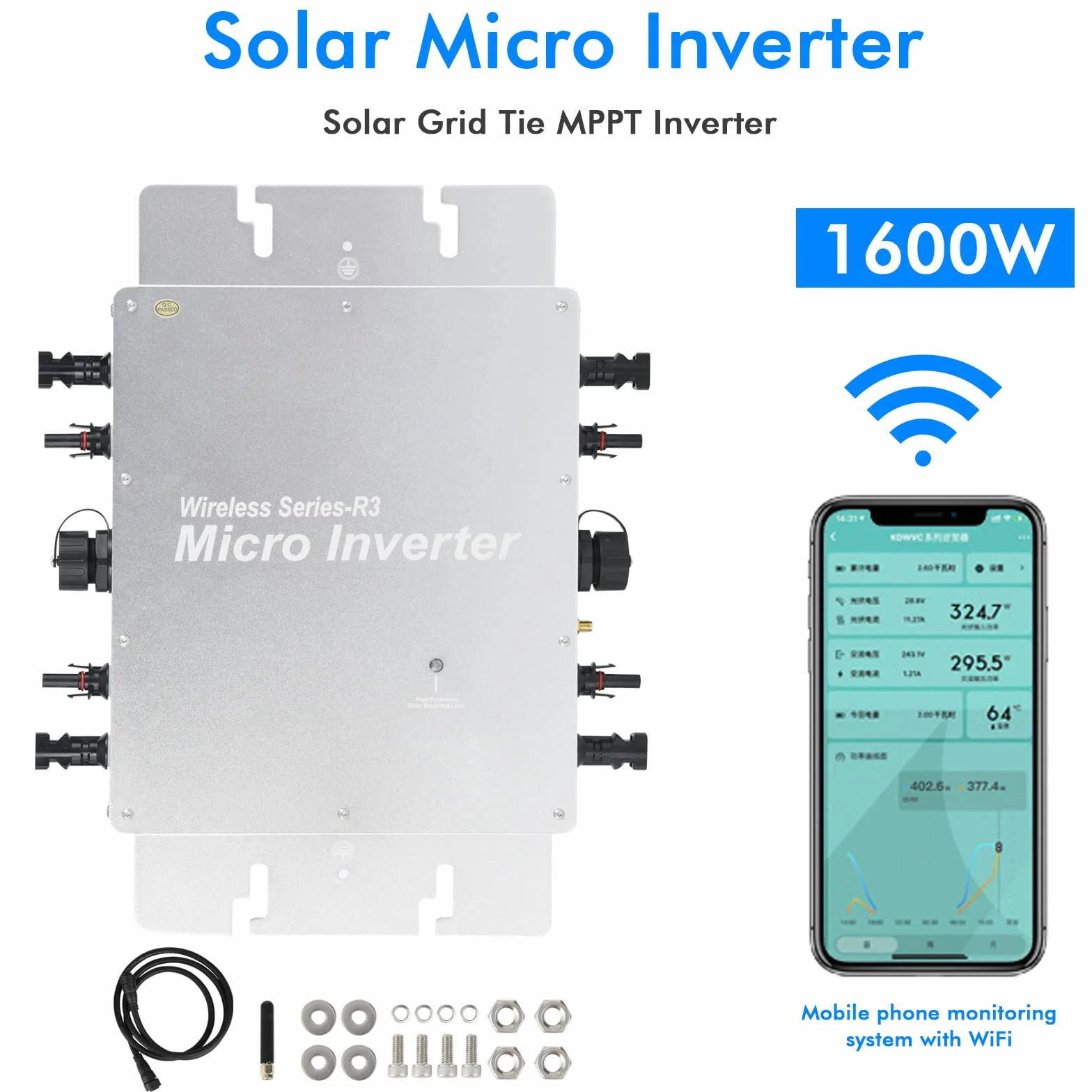 Microinverter Fotovoltaico In Rete,Jadeshay Solar Micro Inverter 1600W Grid Tie Inverter MPPT inverter fotovoltaico, con sistema di monitoraggio Wi-Fi, per pannello solare fotovoltaico