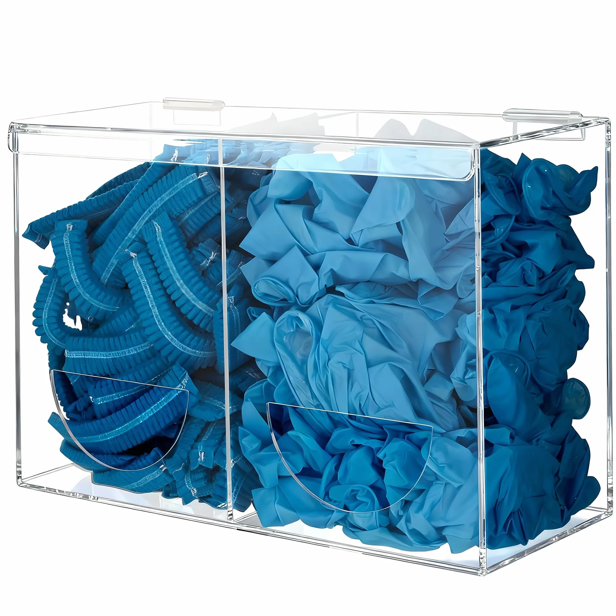 Dispenser per guanti da parete, contenitore in acrilico con 2 scomparti per guanti in gomma usa e getta, retine per capelli, tappi per le orecchie, capsule per bucato, pastiglie per