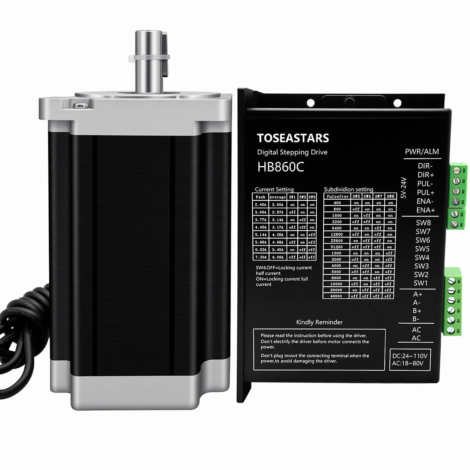 Nema - Kit motore passo-passo 34, 12 Nm, 120 Ncm, 1700 oz-in 2PH 6,0 A, 14 mm, albero Nema34, 86 mm, motore stepper e 2,4 – 7,2 A, 24 – 110 VDC