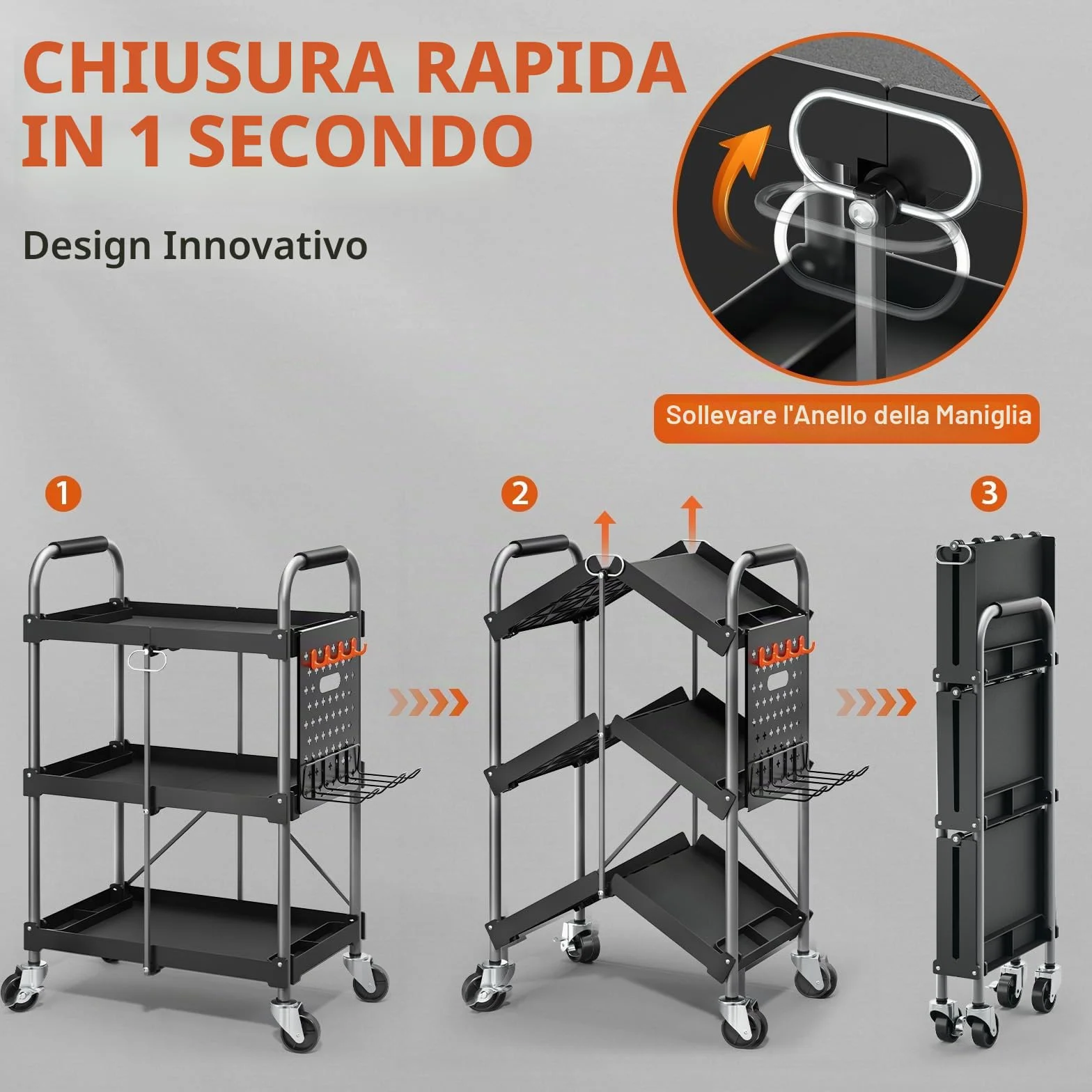 KINGRACK Carrello di Servizio Pieghevole a 3 Ripiani con Ruote e Maniglia Ergonomica, Carrello Portautensili Multiuso, Carrello Porta Attrezzi, Carrello Portaoggetti Casa Ufficio Garage Officina, Nero