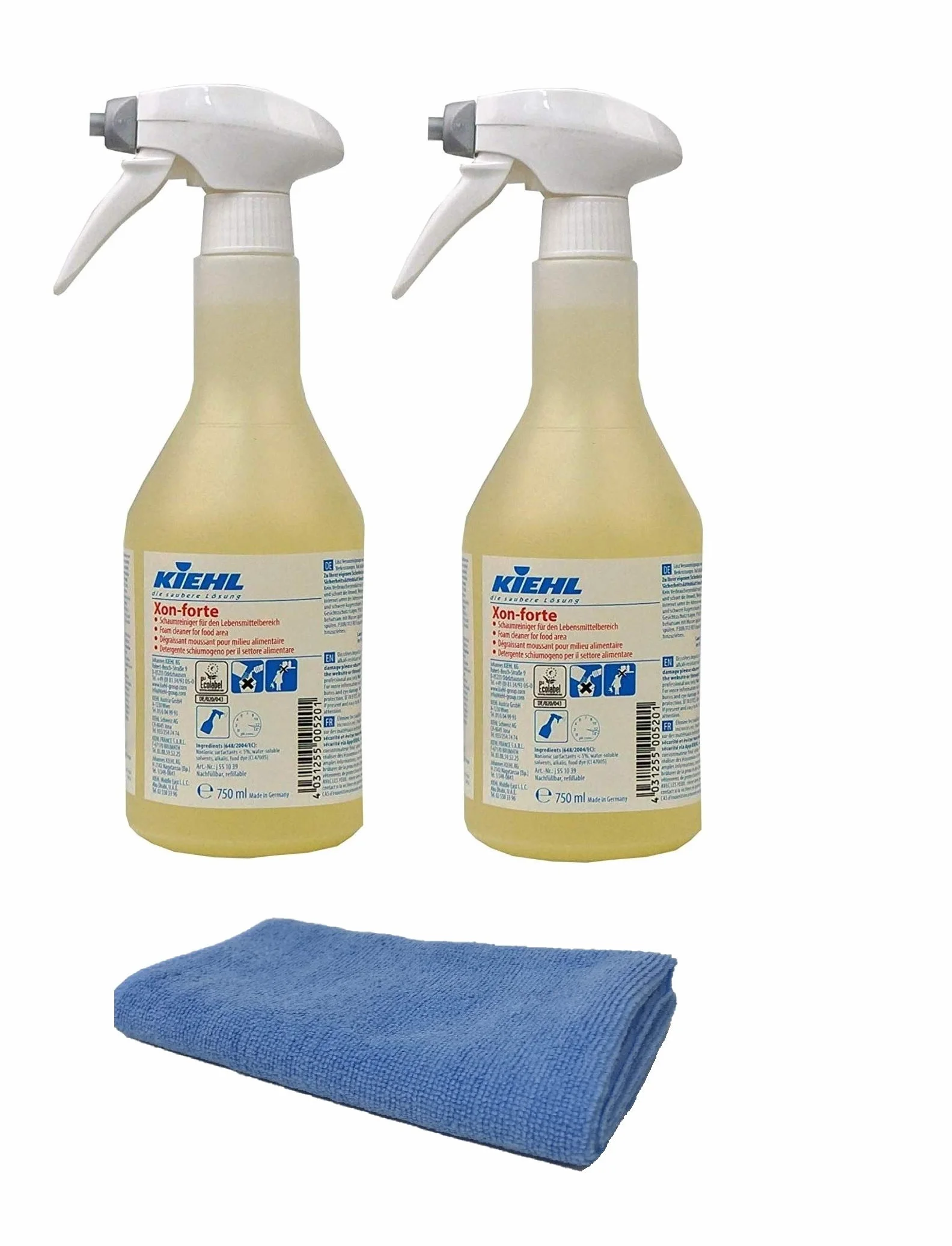 Detergente per superfici concentrato/detergente attivo per schiuma/sgrassatore per alimenti con panno in microfibra blu per superfici (2 flaconi di detergente grasso = 1,5 litri)
