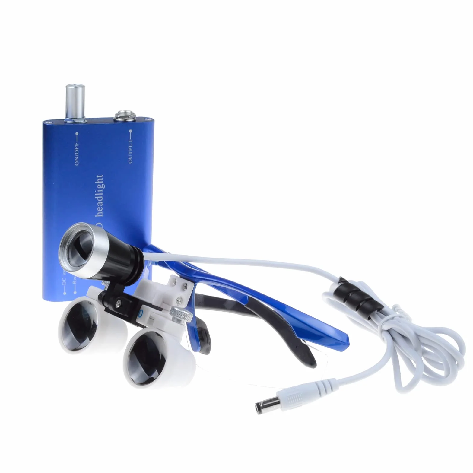 Lente binoculare chirurgica in vetro ottico, distanza di lavoro 3,5 x 420 mm, con lampada frontale a LED e scatola in alluminio, colore: blu