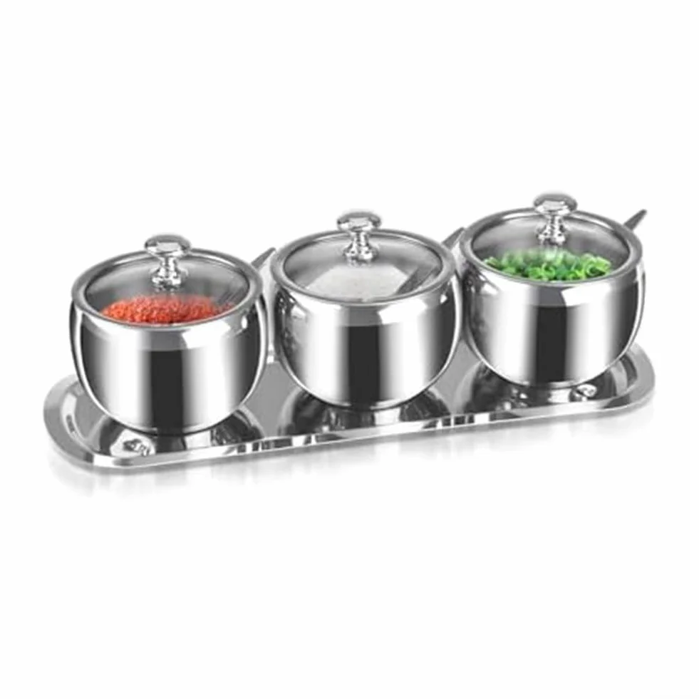 Set Portacondimenti 3 Scomparti Acciaio con Coperchio - Organizer Cucina per Zucchero Sale Pepe 300ml Argento(Three)