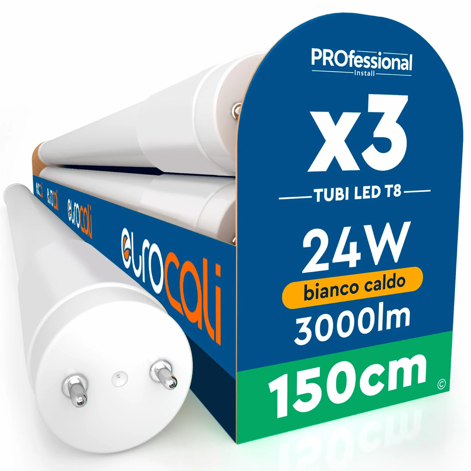 Eurocali 3 Tubi LED 24W 150cm T8 G13 con Starter 3000 Lumen Garanzia 3 Anni - Luce Calda 3000K - Alta Luminosità 125 lm/W - Materiale Nano Plastic Sostituzione Neon per Soffitto Garage Negozio