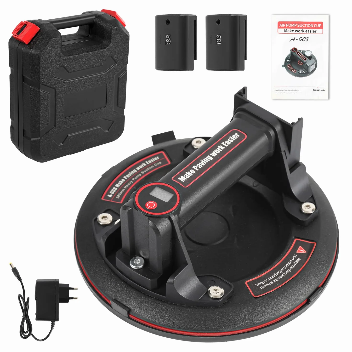 Sollevatore vuoto elettrico da 8 pollici con display digitale – 200 kg di capacità di carico 2 batterie, ricarica automatica, per vetro, piastrelle, piastre, mobili, valigetta inclusa