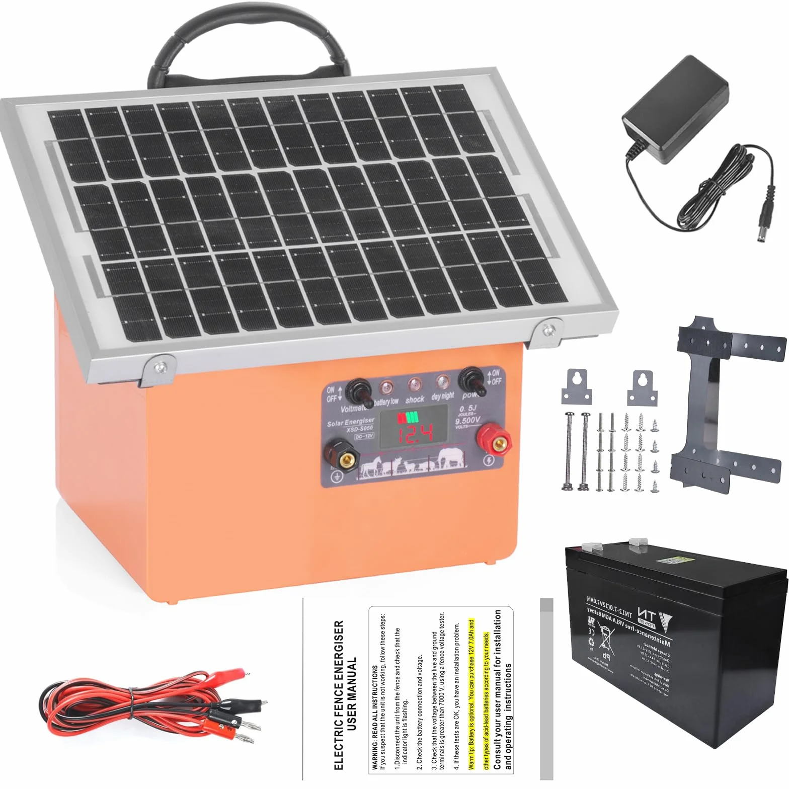 32KM Pastore Elettrico, 0.5J/9.5kV Recinto Elettrico Controllore di 12V 7Ah con Pannello Solare da 7.5W Per Mucche, Bestiame, Allevamento Di Pollame, Pastore, Fattoria degli Animali Recinzione