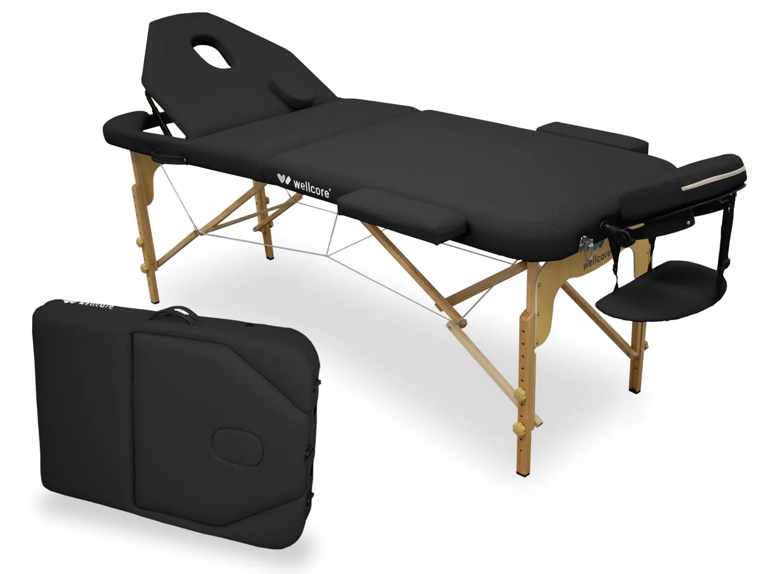 WELLCORE - Lettino da massaggio pieghevole in legno, con schienale ribaltabile, Plus, 185 x 65 cm, in ecopelle, altezza regolabile, testa rimovibile, foro facciale, colore nero, fino a 225 kg