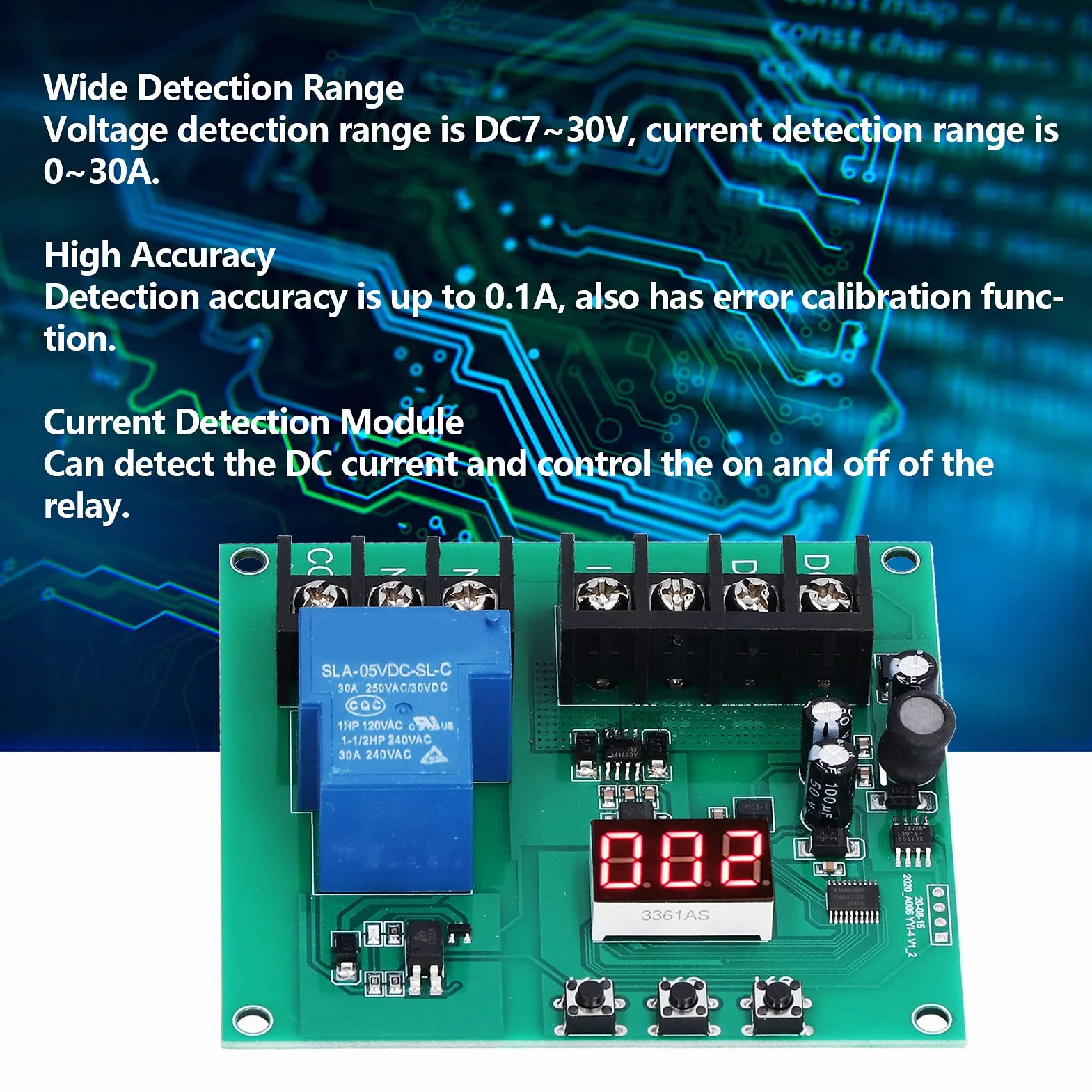 Modulo di Rilevamento della Corrente CC YYI-4 7-30V 0-30A Scheda del Modulo di Rilevamento del Rilevamento della Corrente CC Modulo relè di Protezione Sovracorrente