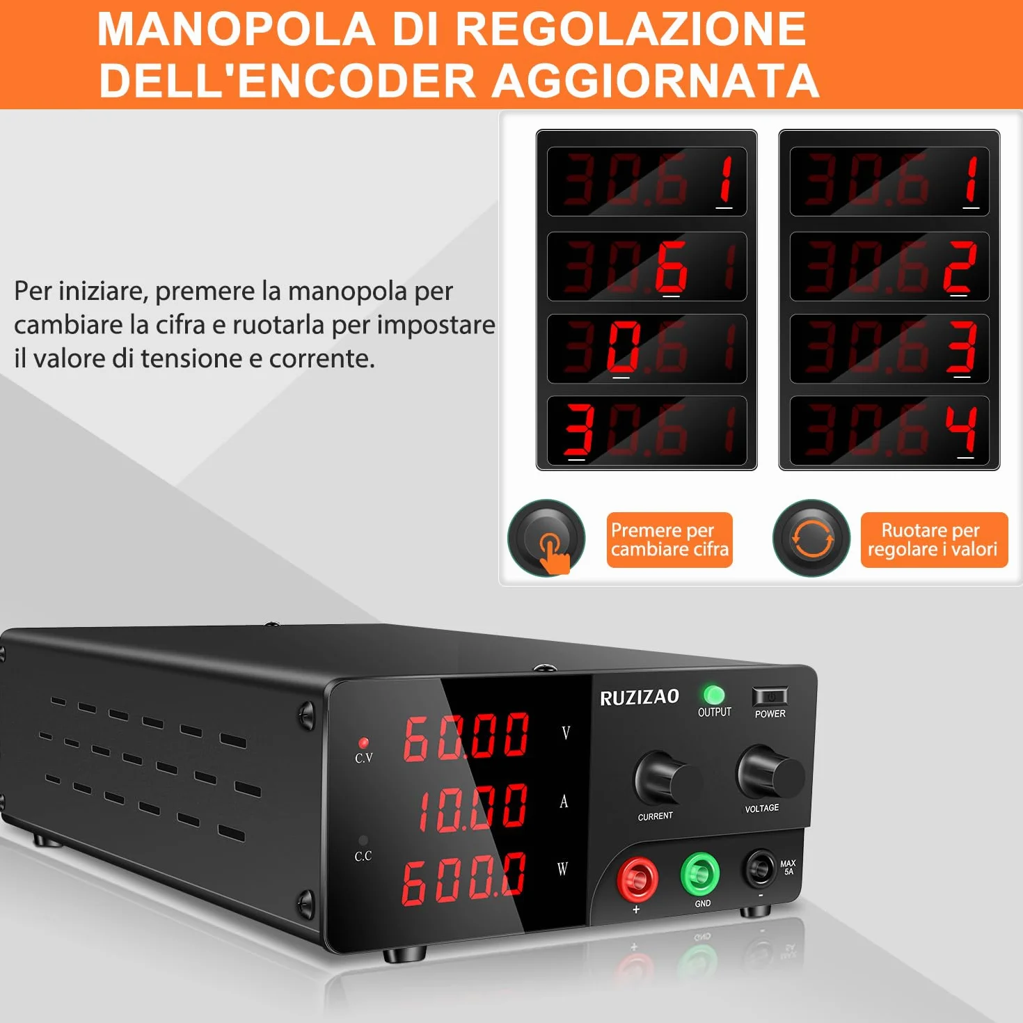 Alimentatore da Banco 60V 10A 600W Alta Potenza Alimentatore da Laboratorio Regolabile con OUTPUT/Encoder, Alimentatore Stabilizzato con Display LED a 4 Cifre e Uscita Stabile per Elettronica