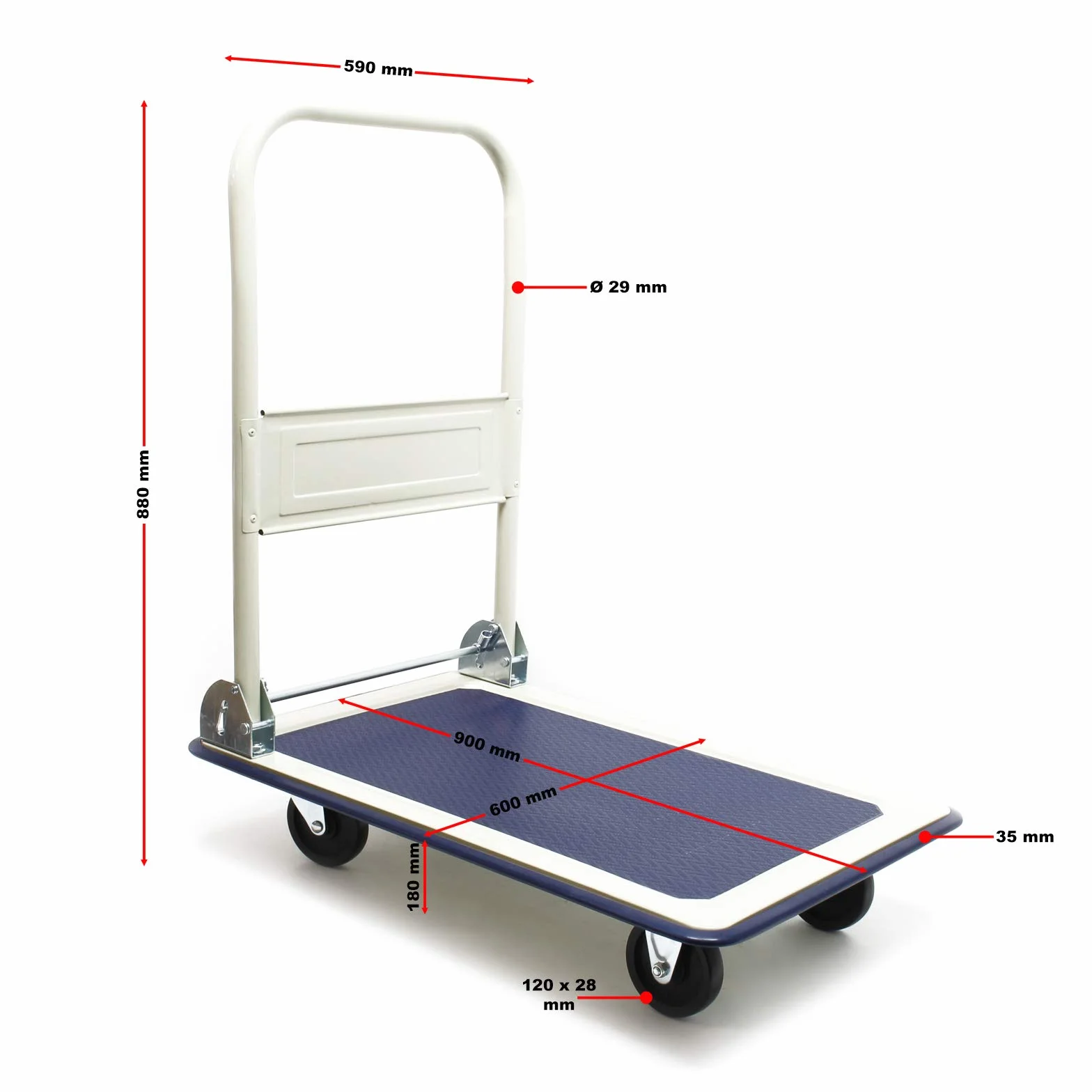 Carrello a pianale da magazzino max 300 kg con manico pieghevole