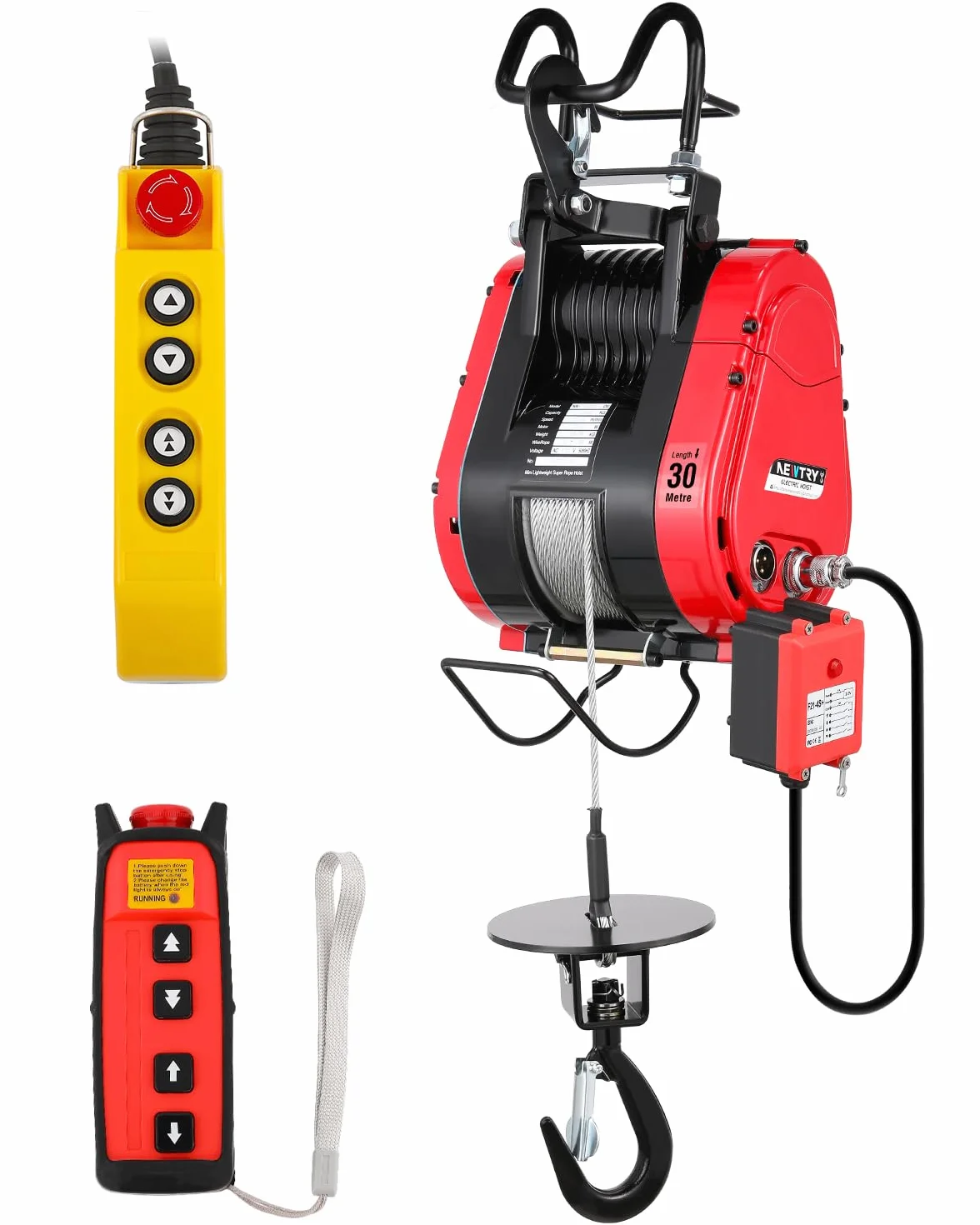 NEWTRY Paranco elettrico Lift 350KG 30M, motore brushless aggiornato 1500W più 2 velocità selezionabili, telecomandi a filo e wireless disponibili con protezioni