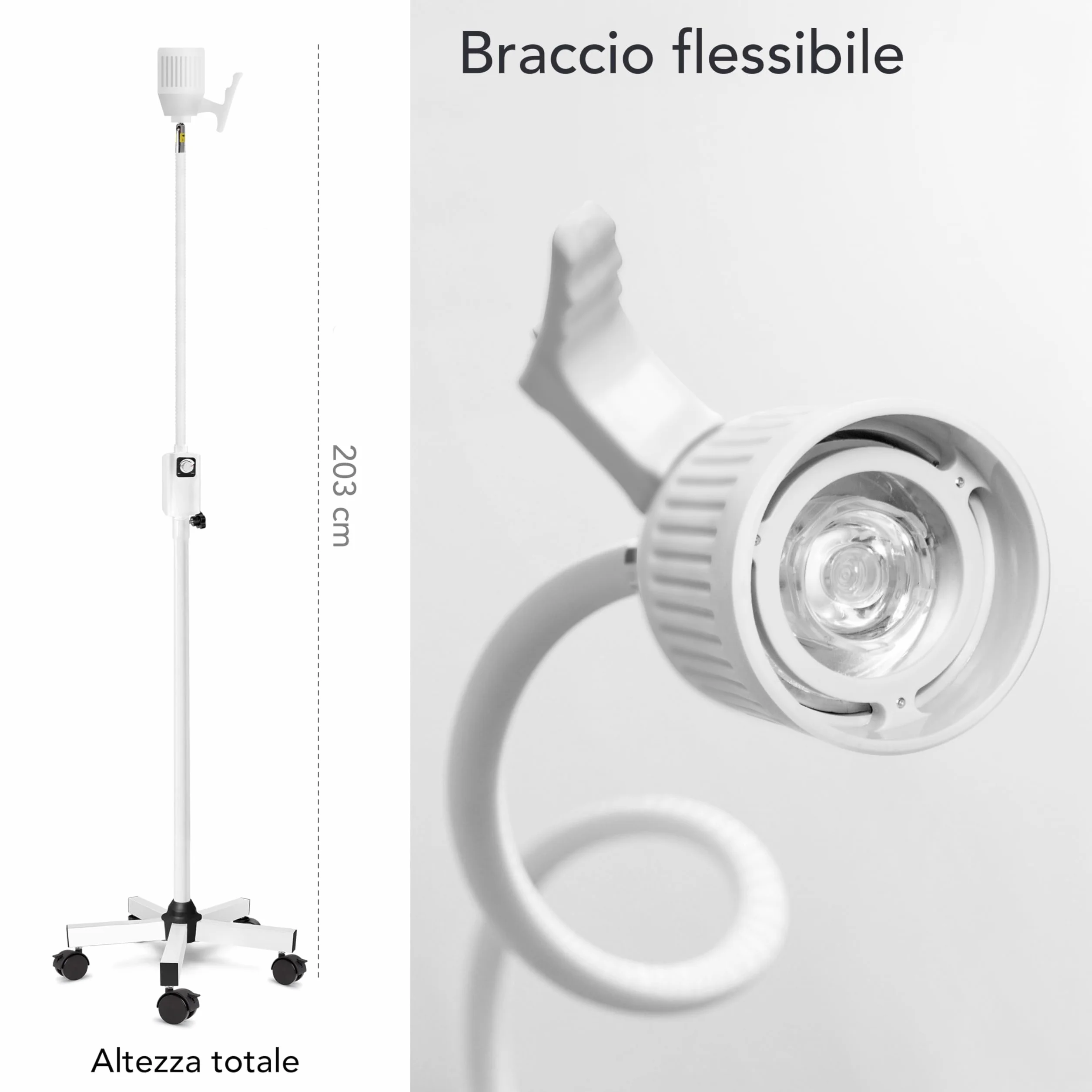 AIESI® Lampada da visita medica LED con braccio flessibile su stativo, Ruote piroettanti, Snodo direzionale, Garanzia Italia 24 mesi