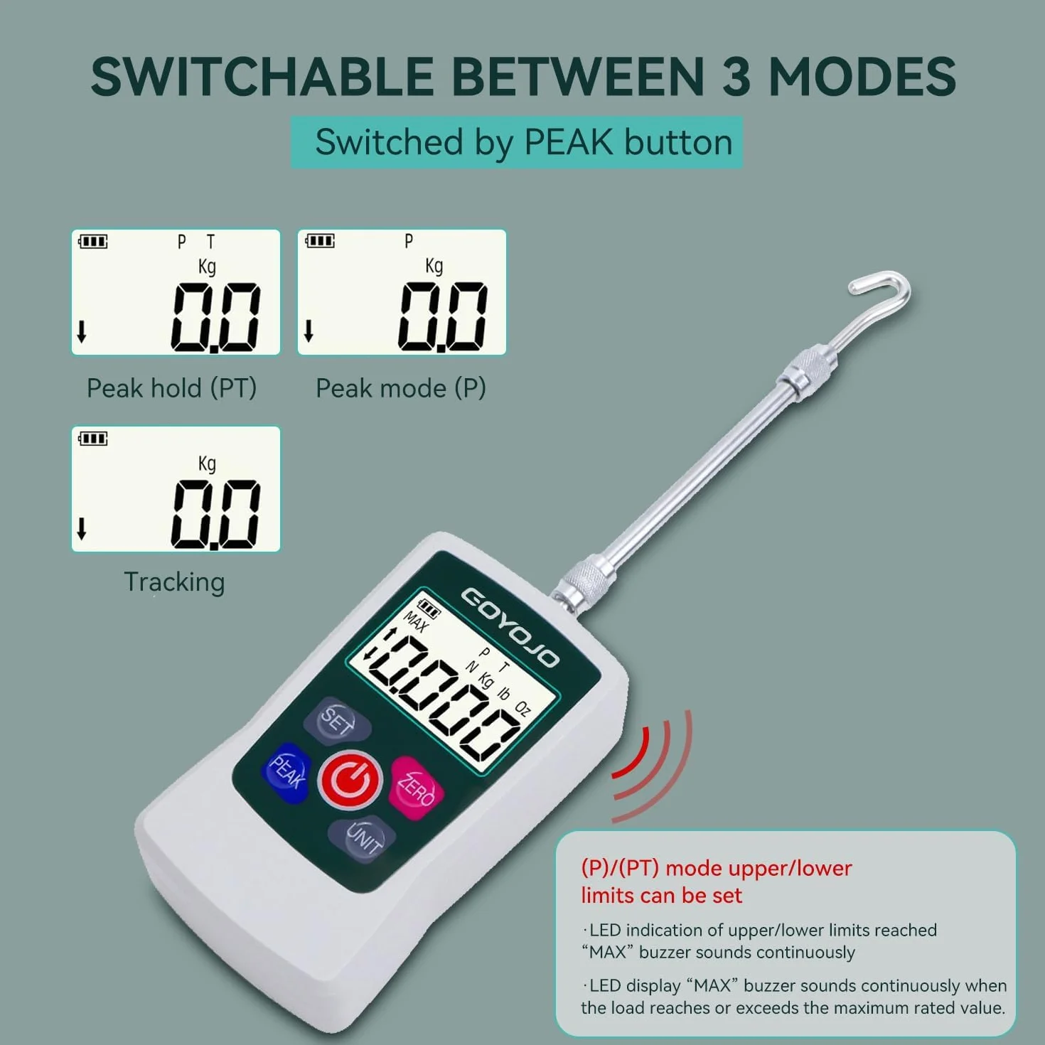 GOYOJO Misuratore di Forza Digitale, Misuratore Push-pull di Alta Precisione per Prove di Trazione e Compressione Unità (N, kg, lb, oz) Modalità Tempo Reale/Picco/Primo Picco (500N)