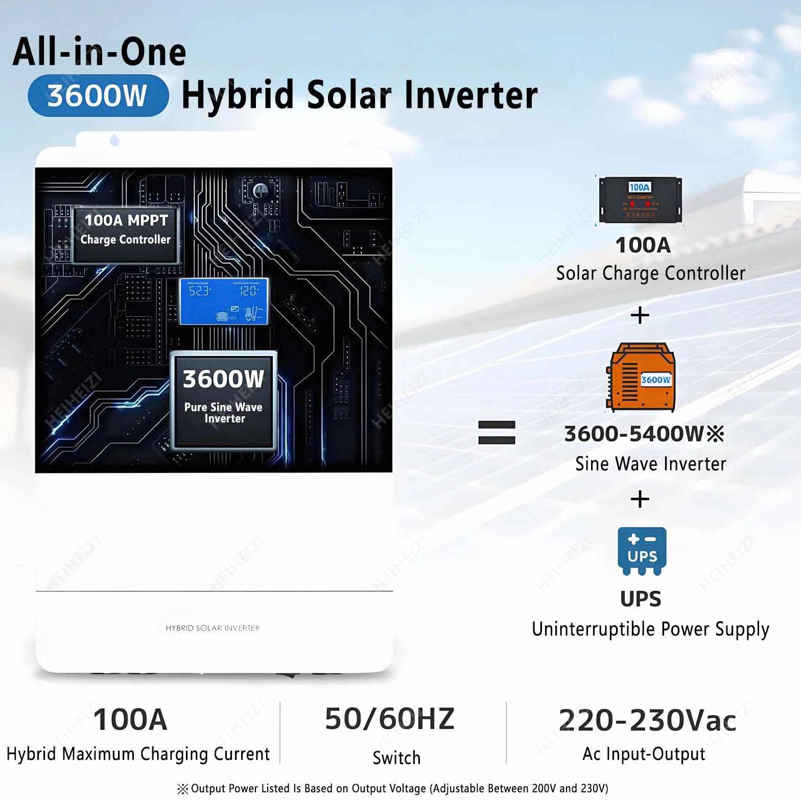 Inverter Ibrido di Nuova Generazione,Inverter Solare 3600W,24VDC a 220VAC,Potenza PV Massima 5000W in Ingresso,con Regolatore di Carica Solare MPPT 100A,Funzione UPS a Commutazione Automatica