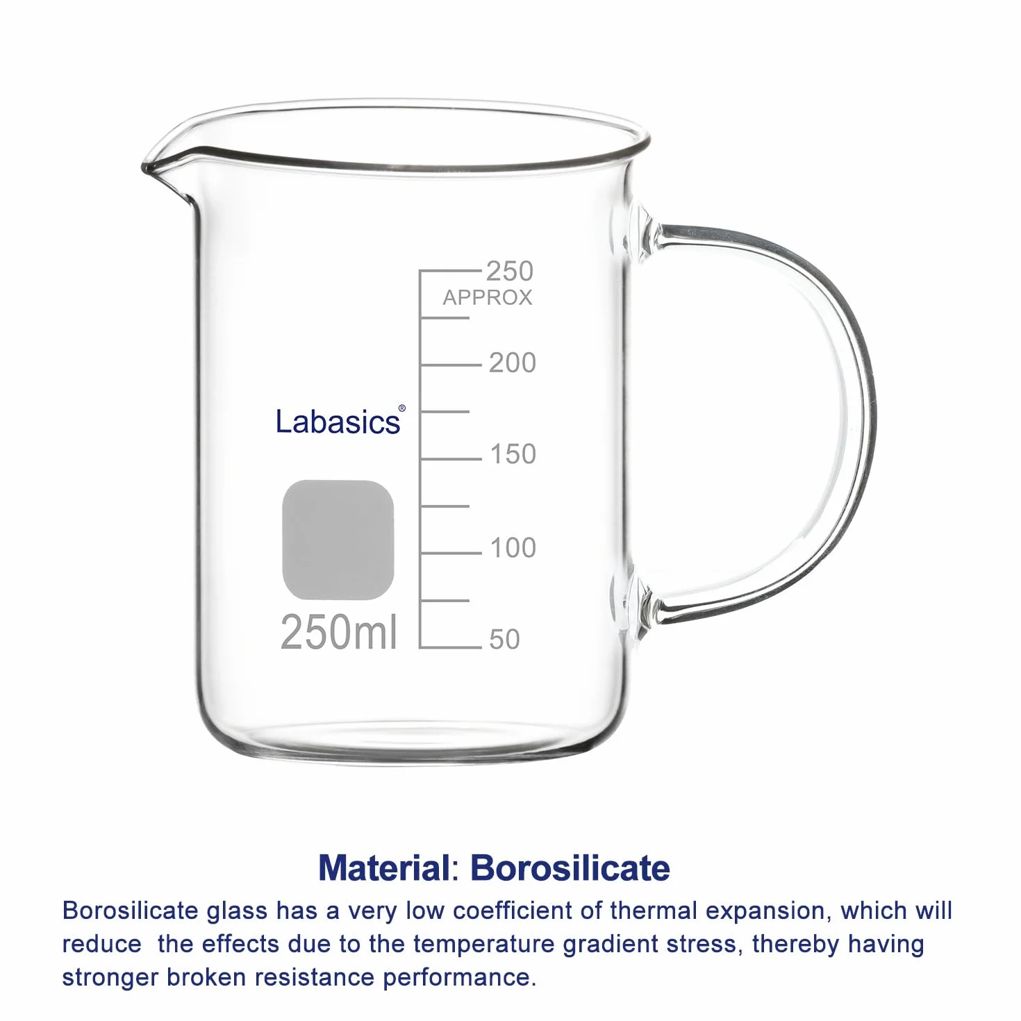 Labasics Bicchiere di Vetro, G3.3 Bicchiere Graduato in Vetro Borosilicato da Laboratorio Bicchiere di Misura Trasparente Bicchiere di Forma Bassa Griffin con Manico e Beccuccio, 250 ml