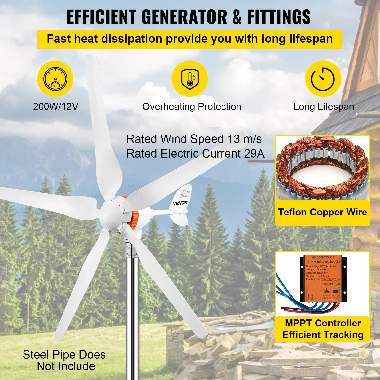 VEVOR Kit di Generatore Eolico Generatore 12V/24V(Auto) Con Controllo di Ricarica MPPT a Trifase 200W a 5 Pale, Uso nella Ricarica per il Monitoraggio Domestico, Camper, Barche e Altro Uso Domestico