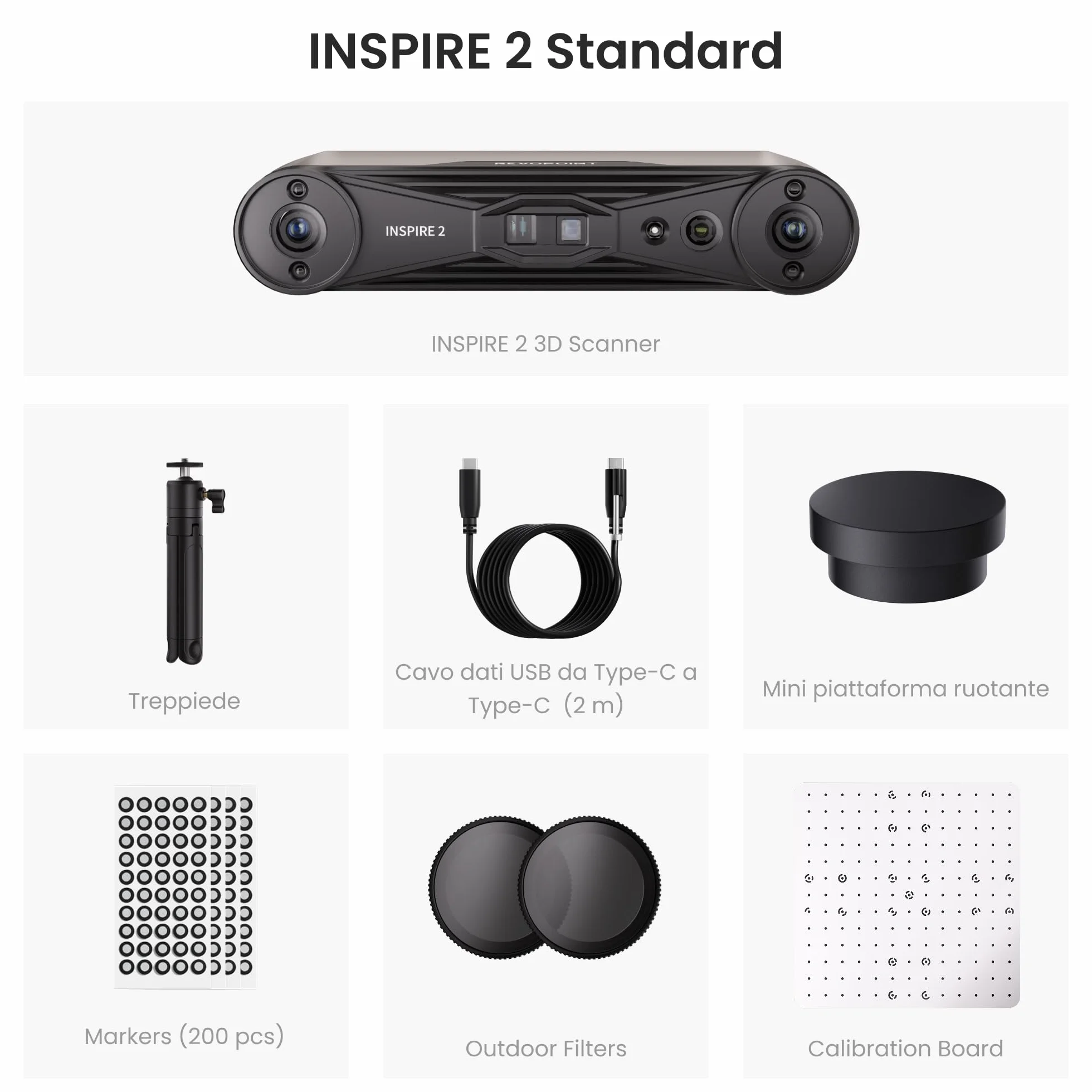 Revopoint INSPIRE 2 Scanner 3D per stampa 3D, Precisione da 0,03 mm, Laser Multilinea e Luce Strutturata, Scansione Wireless per Esterni, Scansioni a Colori, per iOS/Android/Win10/11, Standard